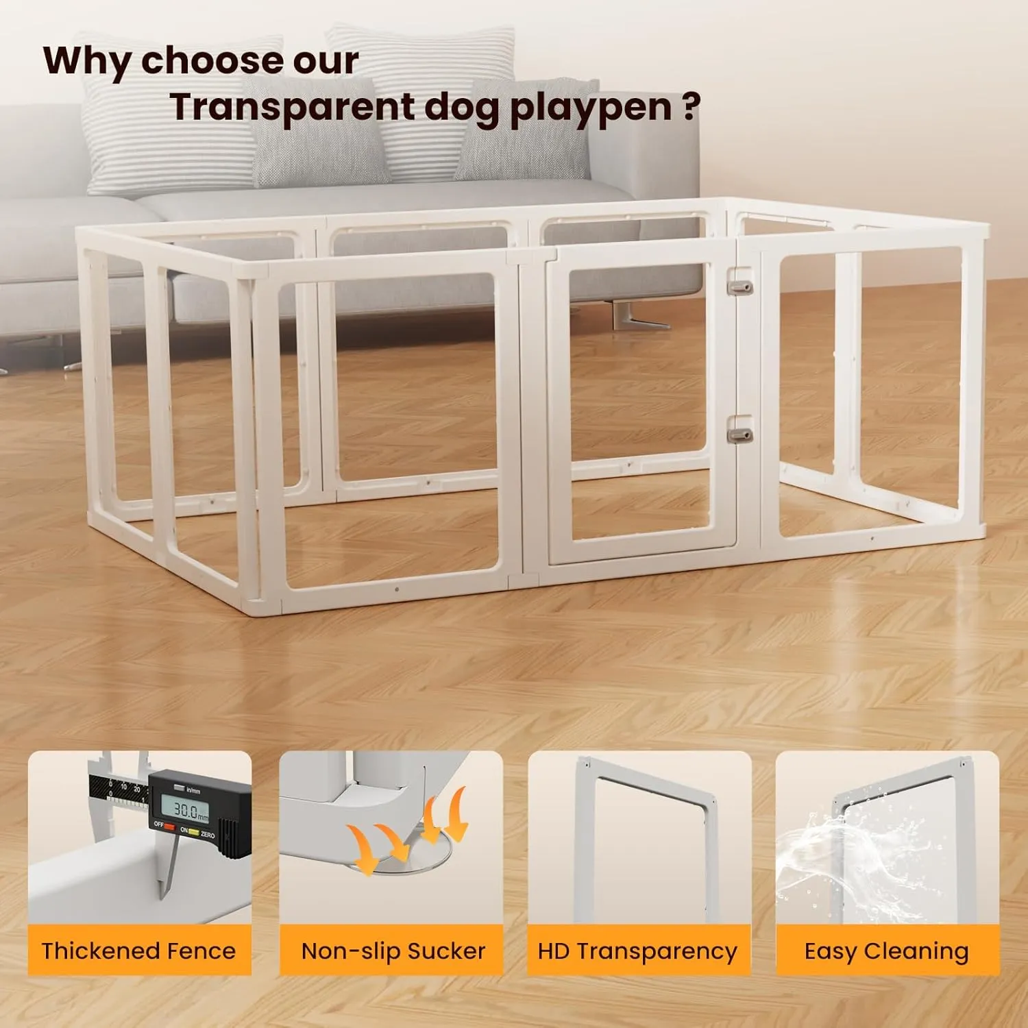 10PCS Dog Playpen Transparent Acrylic Dog Playpen Indoor, Easy Assemble & Disassemble Clear Acrylic Playpen for Dogs, Acrylic Dog Pen with Gate, 30" Height