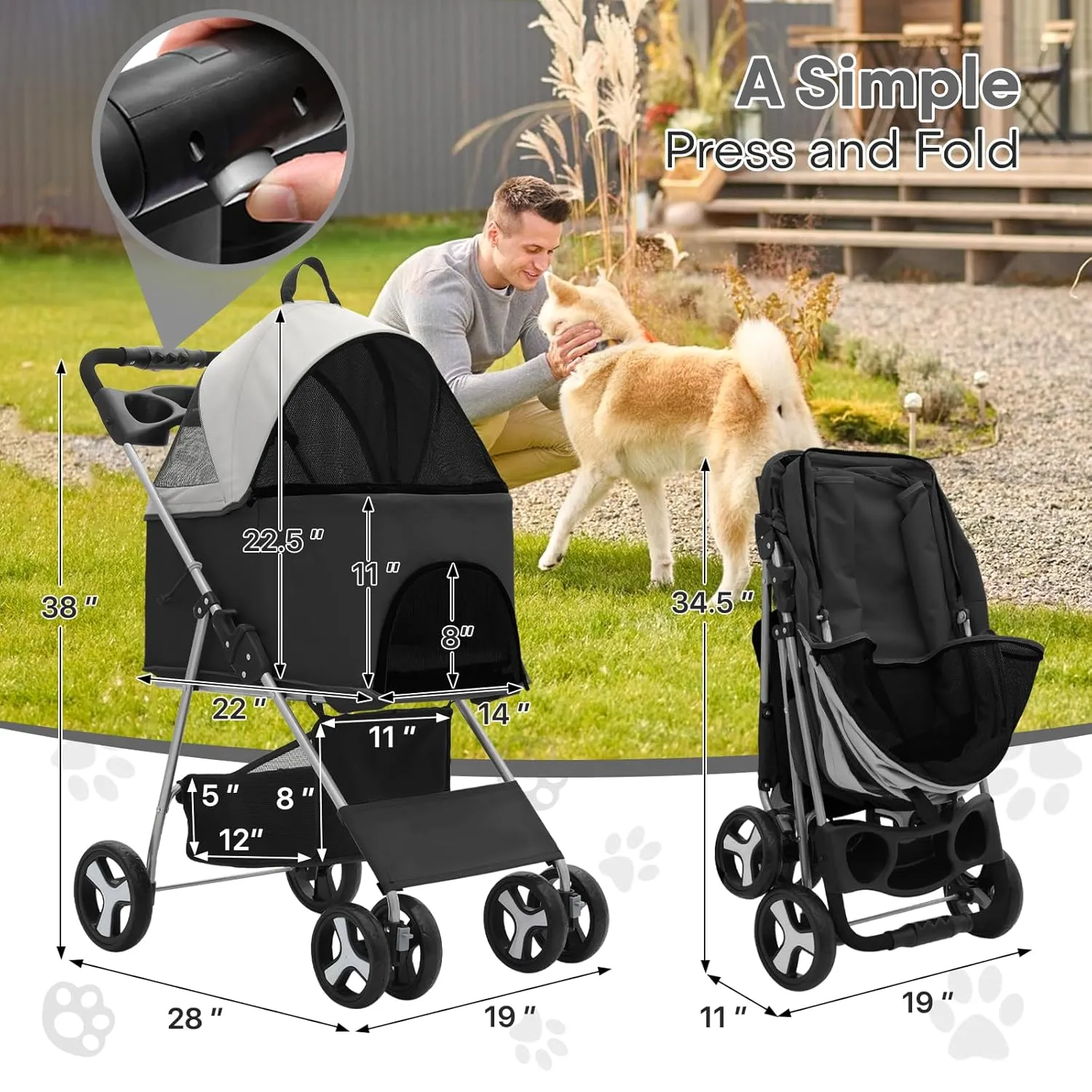 3-in-1 Visible Foldable Pet Carrier, Detachable Car Seat and Stroller with Push Button Entry for Small Pets, Cat Dog Carrier for Medium Dogs Cats, Load Up to 33 lbs, Black