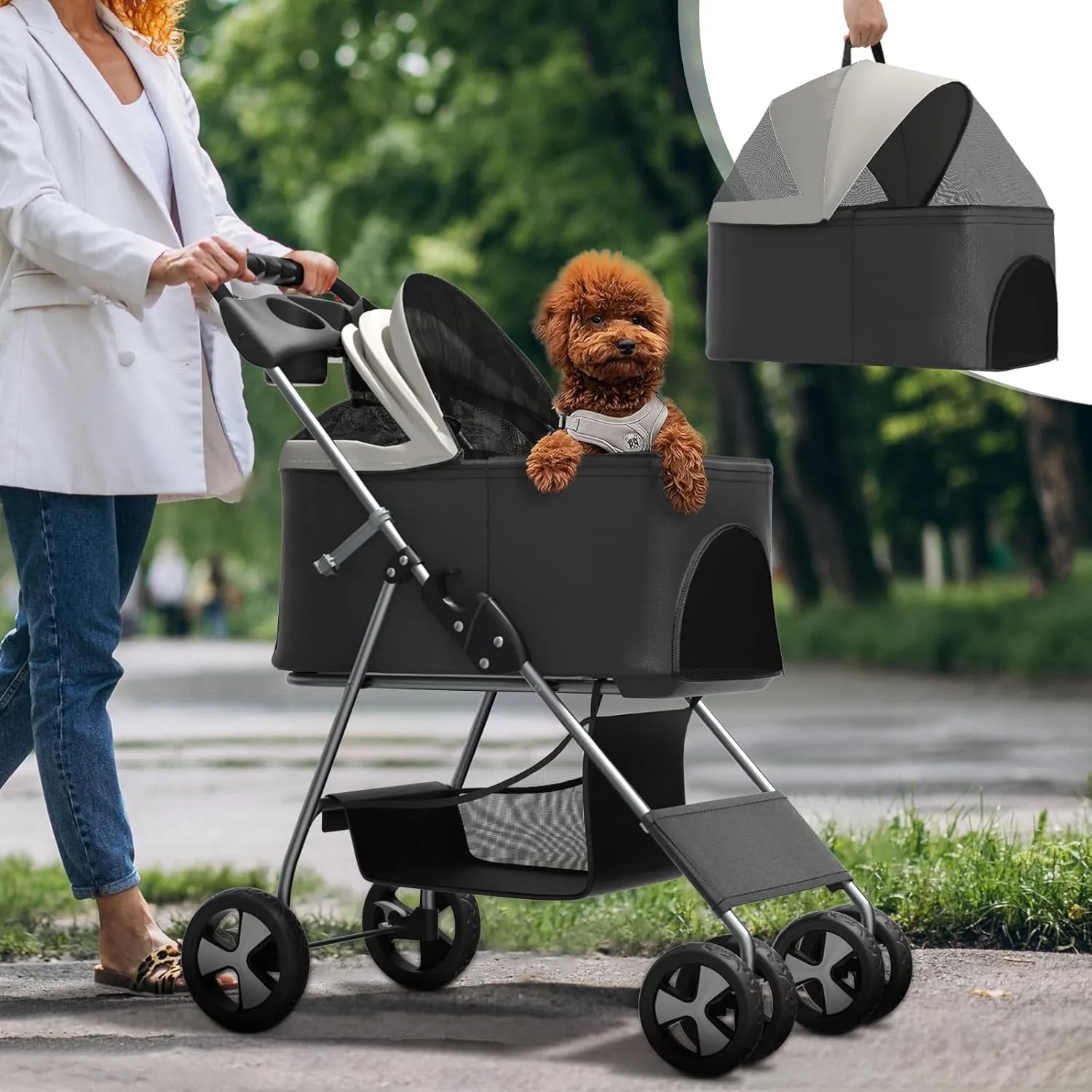 3-in-1 Visible Foldable Pet Carrier, Detachable Car Seat and Stroller with Push Button Entry for Small Pets, Cat Dog Carrier for Medium Dogs Cats, Load Up to 33 lbs, Black