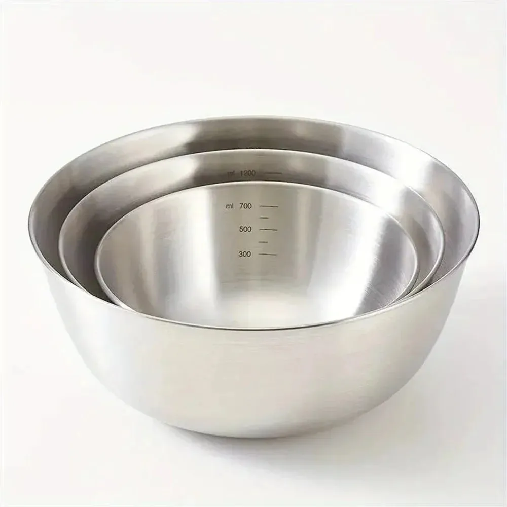3pcs Stainless Steel Mixing Bowl Set – Large Capacity with Built-in Scale for Cooking, Baking & Food Storage