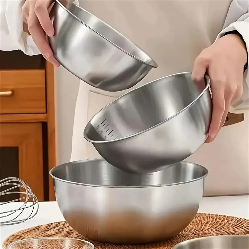 3pcs Stainless Steel Mixing Bowl Set – Large Capacity with Built-in Scale for Cooking, Baking & Food Storage