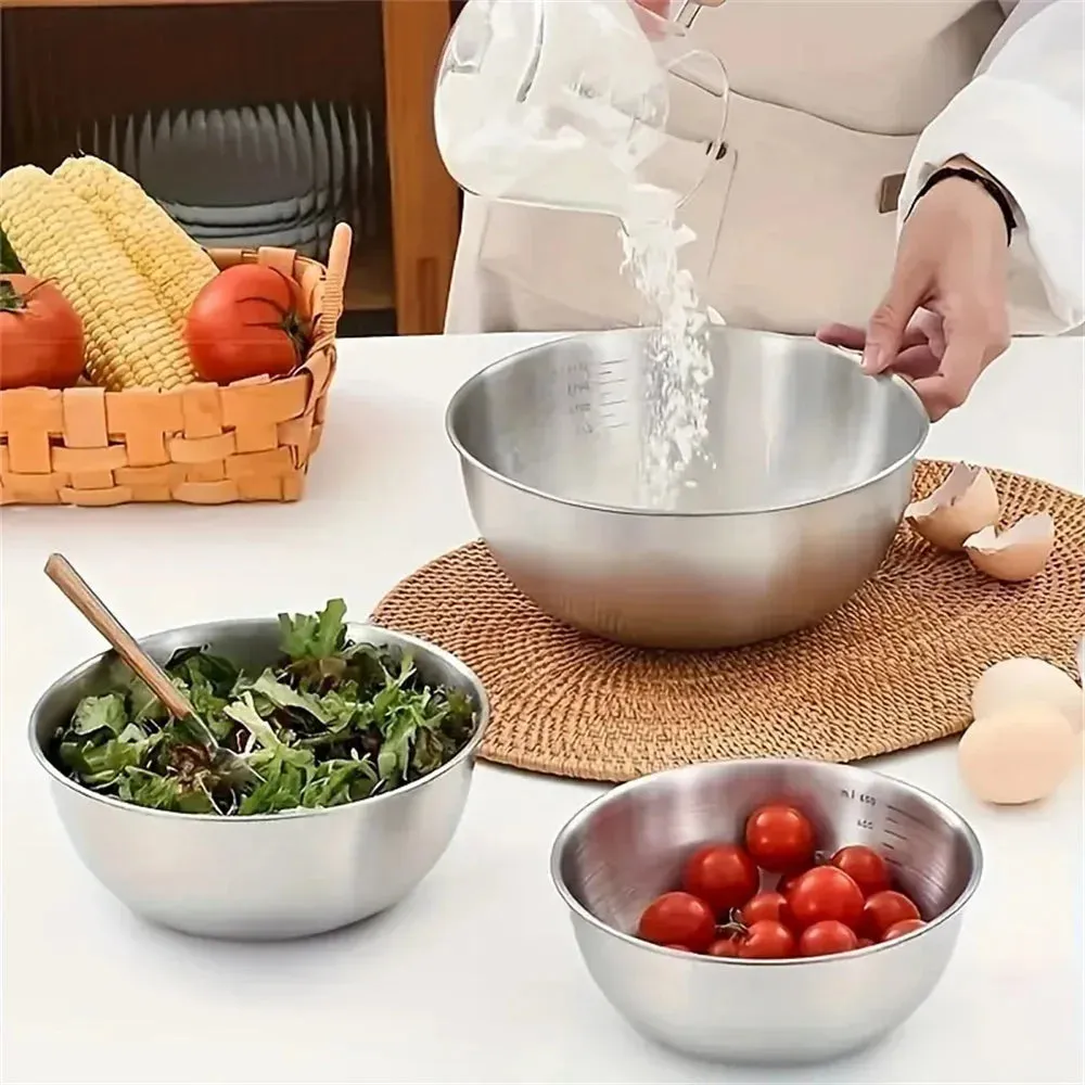 3pcs Stainless Steel Mixing Bowl Set – Large Capacity with Built-in Scale for Cooking, Baking & Food Storage