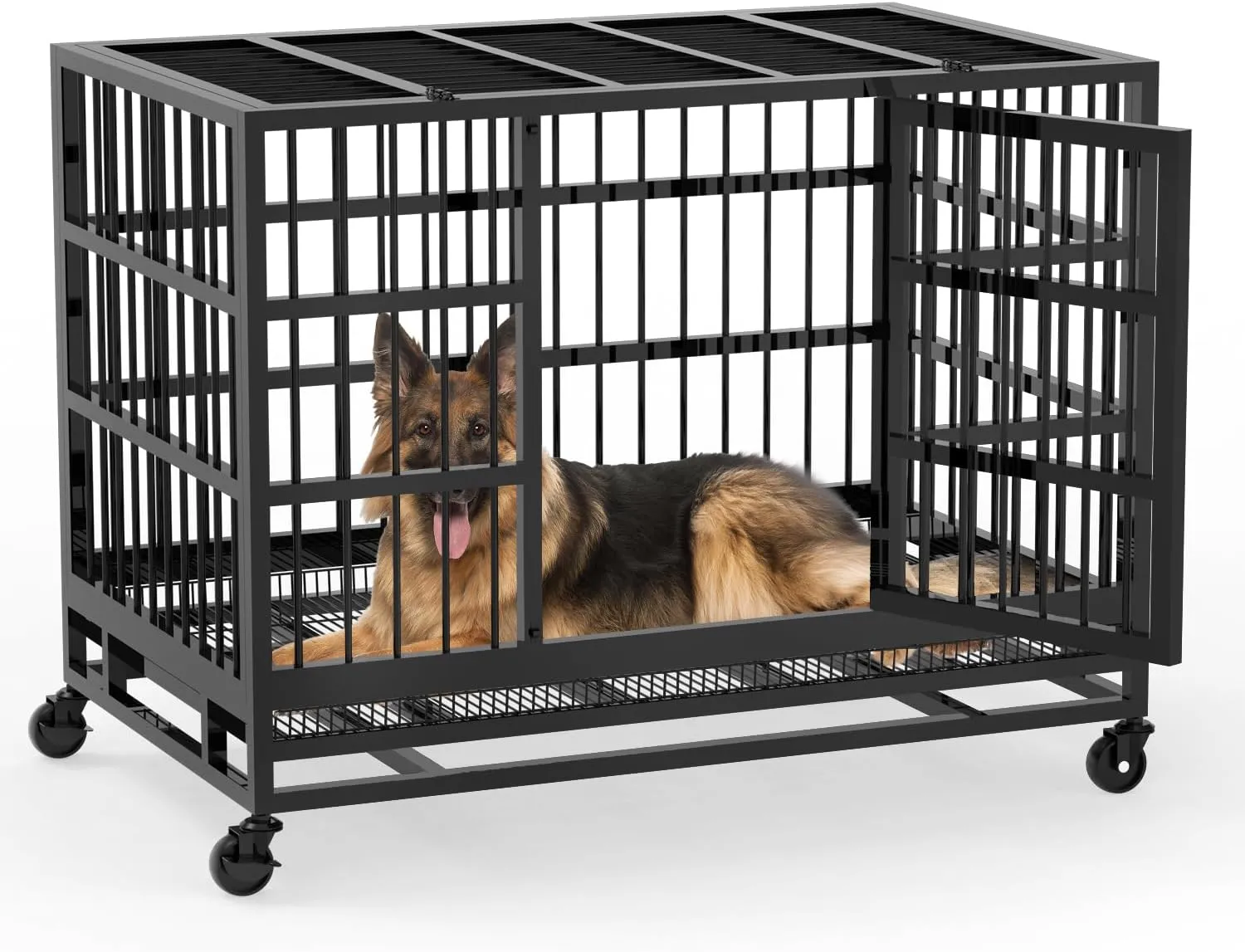 48 inch Heavy Duty Indestructible Dog Crate, Escape Proof Dog Cage Kennel with Lockable Wheels, High Anxiety Double Door, Extra Large Indoor Crate for Large Dog (48 Inch)