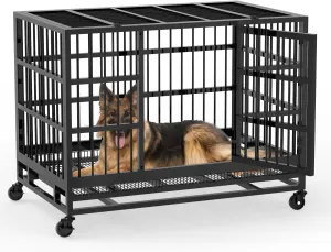 48 inch Heavy Duty Indestructible Dog Crate, Escape Proof Dog Cage Kennel with Lockable Wheels, High Anxiety Double Door, Extra Large Indoor Crate for Large Dog (48 Inch)