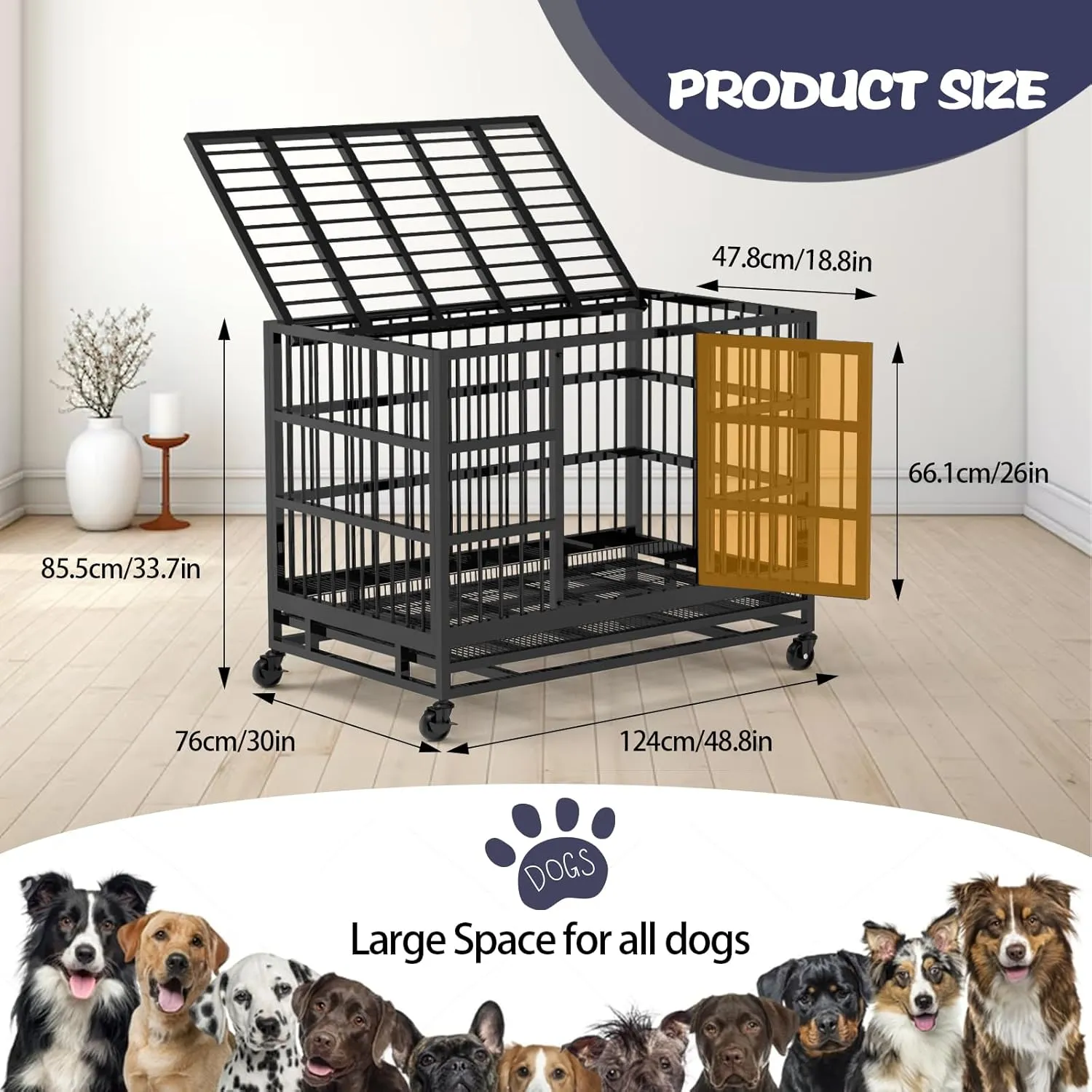 48 inch Heavy Duty Indestructible Dog Crate, Escape Proof Dog Cage Kennel with Lockable Wheels, High Anxiety Double Door, Extra Large Indoor Crate for Large Dog (48 Inch)