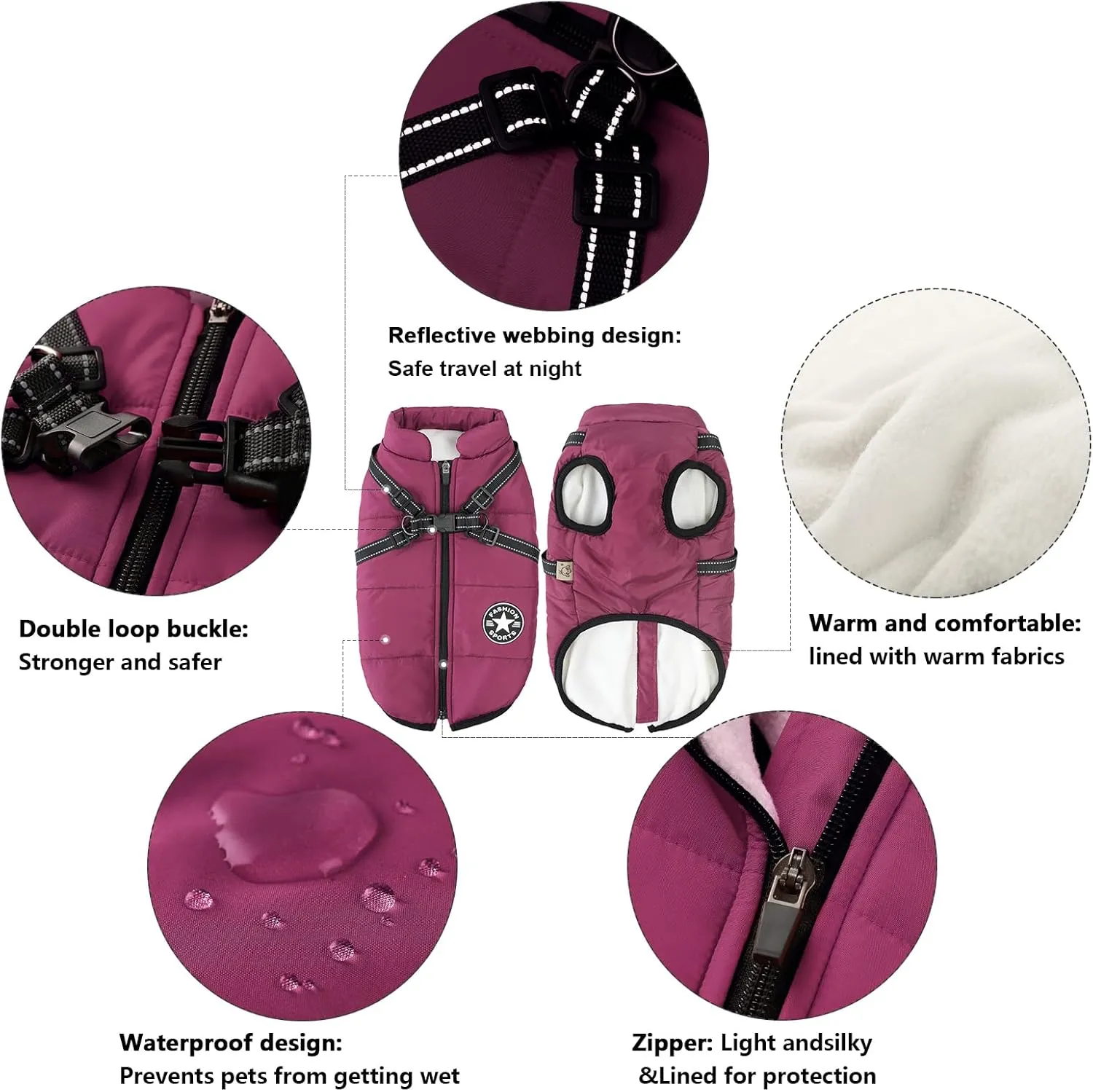 Aiboria Winter Dog Coat - Windproof, Waterproof, Fleece Jacket with Chest Strap - Purple S