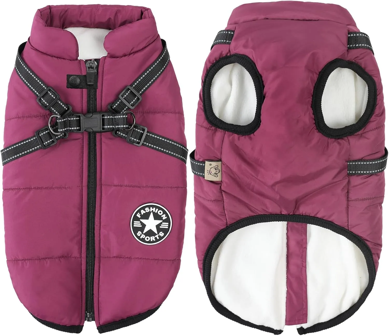 Aiboria Winter Dog Coat - Windproof, Waterproof, Fleece Jacket with Chest Strap - Purple S