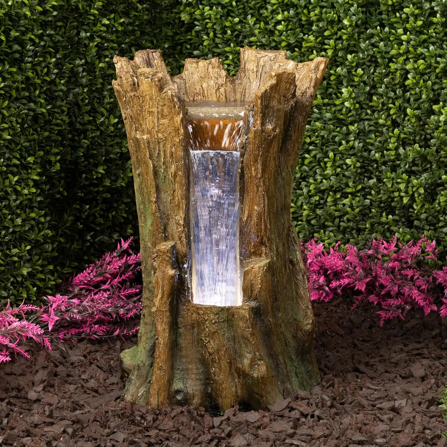 Alpine Corporation TZL294 Tree Trunk Fountain w/Cool White LED Lights, Waterfall for Garden, Patio, & Lawn, 22" H, Brown