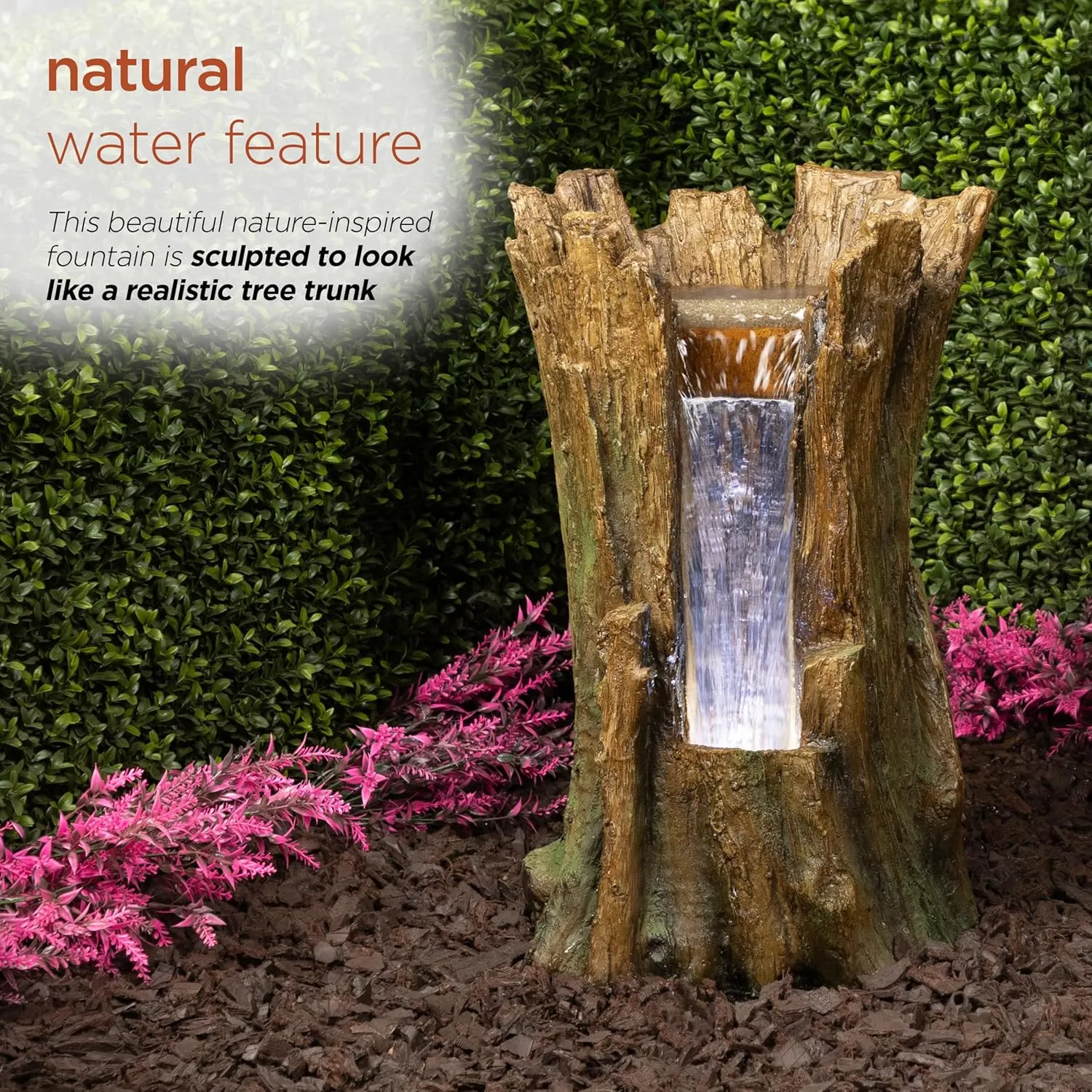 Alpine Corporation TZL294 Tree Trunk Fountain w/Cool White LED Lights, Waterfall for Garden, Patio, & Lawn, 22" H, Brown