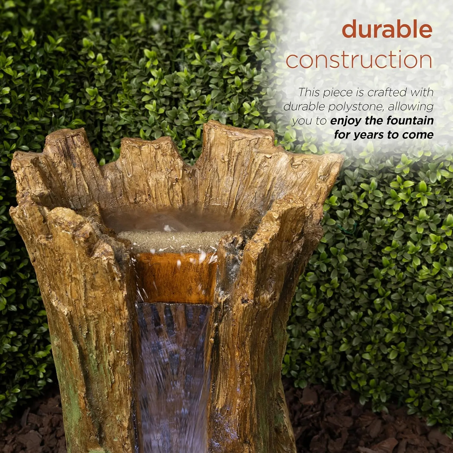 Alpine Corporation TZL294 Tree Trunk Fountain w/Cool White LED Lights, Waterfall for Garden, Patio, & Lawn, 22" H, Brown