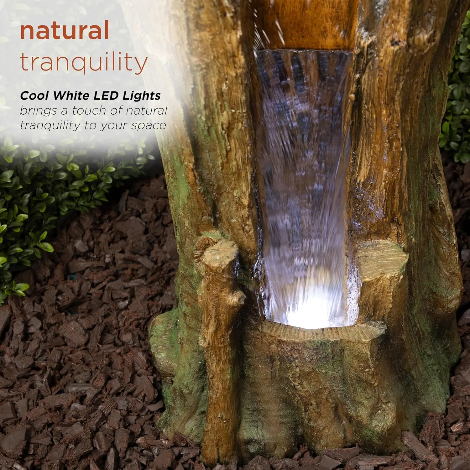 Alpine Corporation TZL294 Tree Trunk Fountain w/Cool White LED Lights, Waterfall for Garden, Patio, & Lawn, 22" H, Brown
