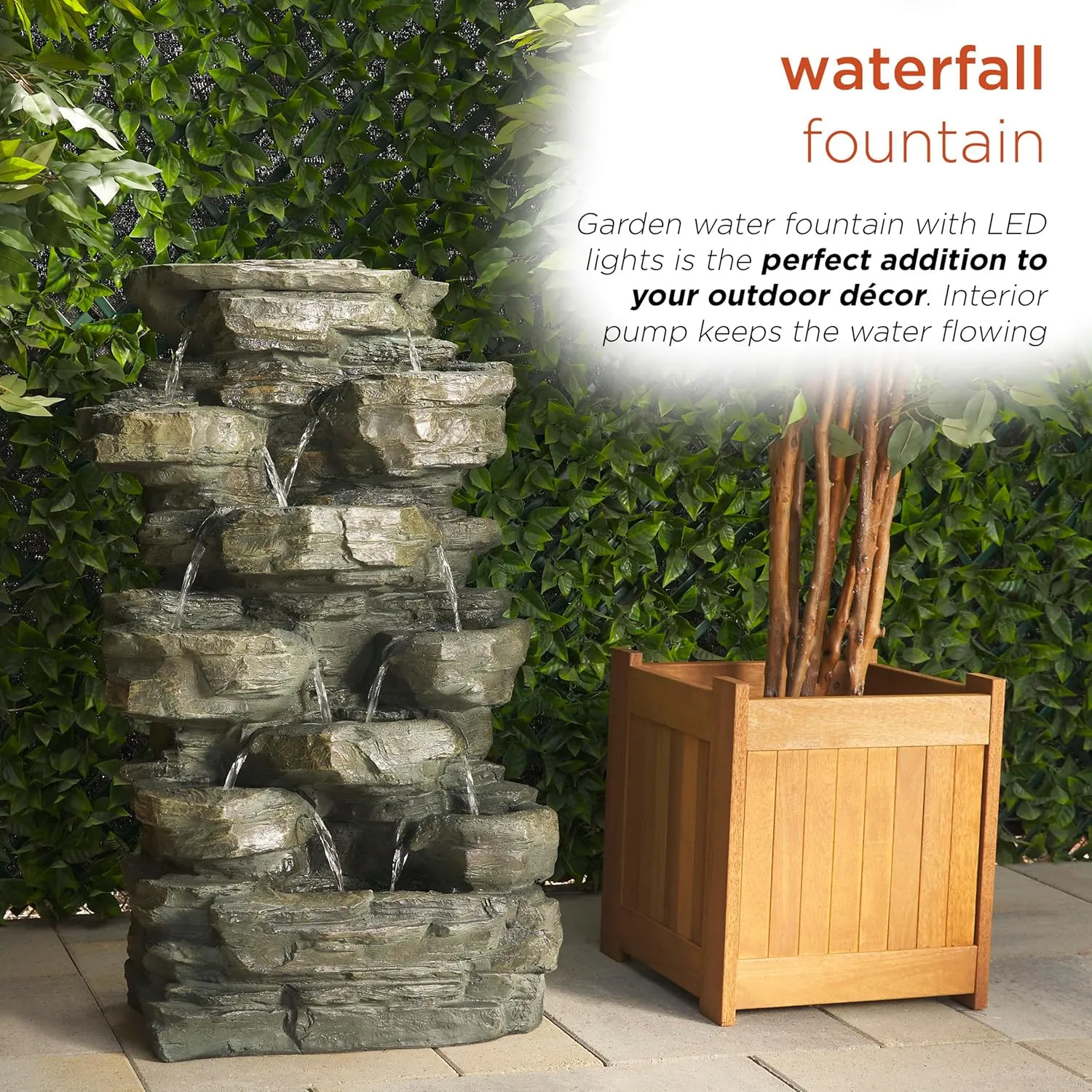 Alpine Corporation WIN930 Outdoor Multitiered Cascading Rock Garden Water Floor Fountain with LED Lights, 39" H, Green