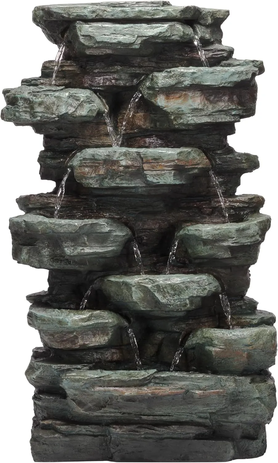 Alpine Corporation WIN930 Outdoor Multitiered Cascading Rock Garden Water Floor Fountain with LED Lights, 39" H, Green