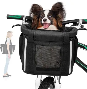ANZOME Bike Basket, Folding Small Pet Cat Dog Carrier Front Removable Bicycle Handlebar Basket Quick Release Easy Install Detachable Cycling Bag Mountain Picnic Shopping