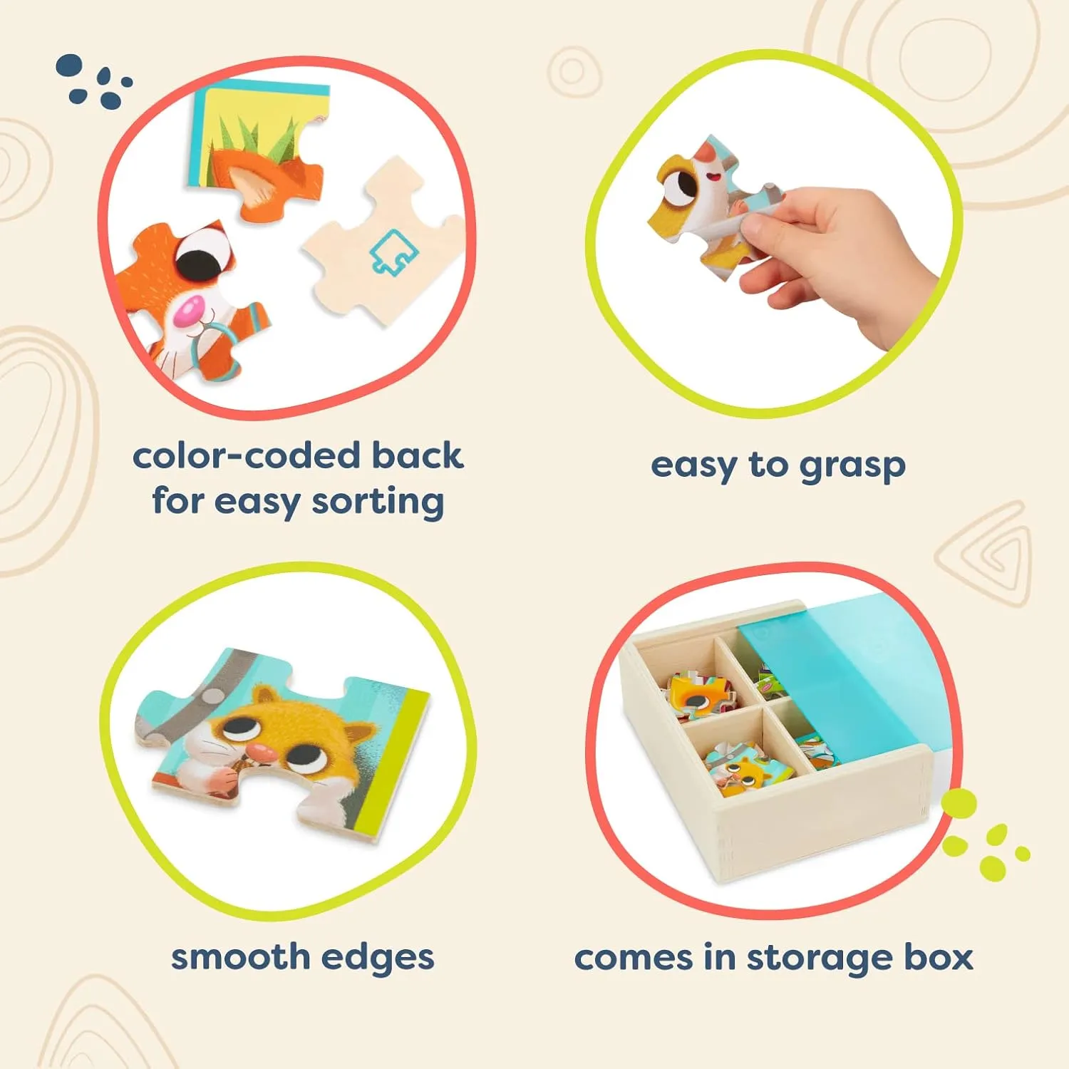 B. toys  Wooden Puzzle Set  4 Animal Puzzles  Cat, Dog, Bird, Hamster 12-Piece Jigsaw Puzzles For Kids  3 Years    Pack o' Puzzles - Pets