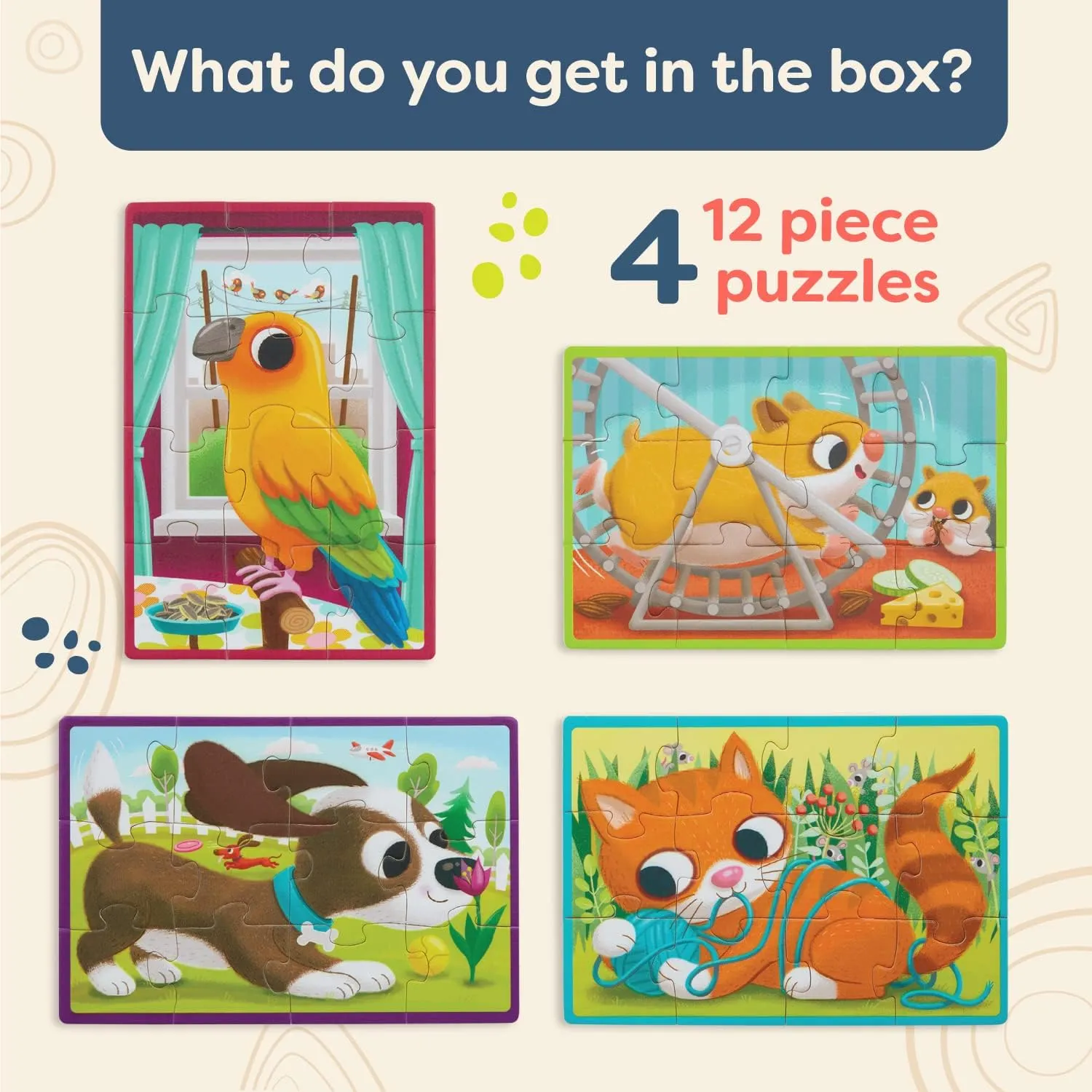 B. toys  Wooden Puzzle Set  4 Animal Puzzles  Cat, Dog, Bird, Hamster 12-Piece Jigsaw Puzzles For Kids  3 Years    Pack o' Puzzles - Pets