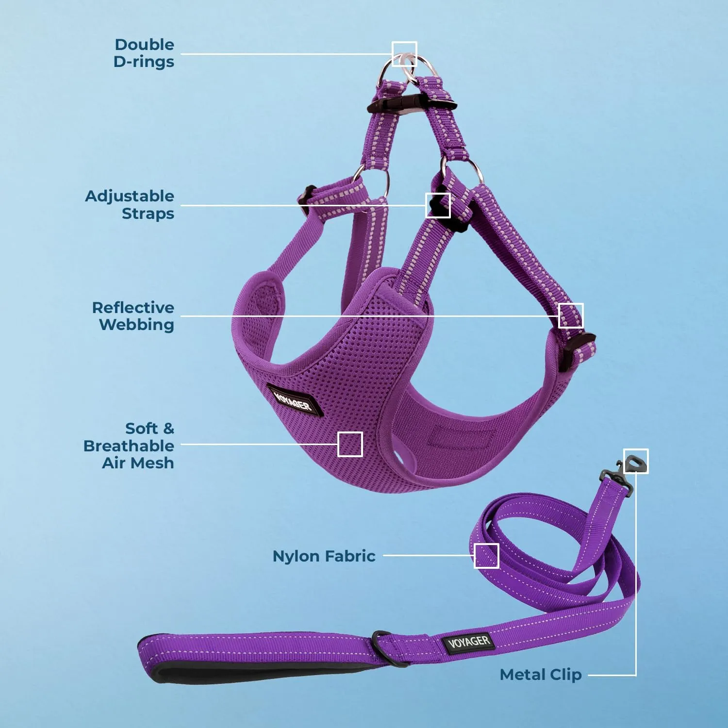 Best Pet Supplies Voyager Adjustable Dog Harness Leash Set with Reflective Stripes for Walking Heavy-Duty Full Body No Pull Vest with Leash D-Ring, Breathable All-Weather - Purple, L