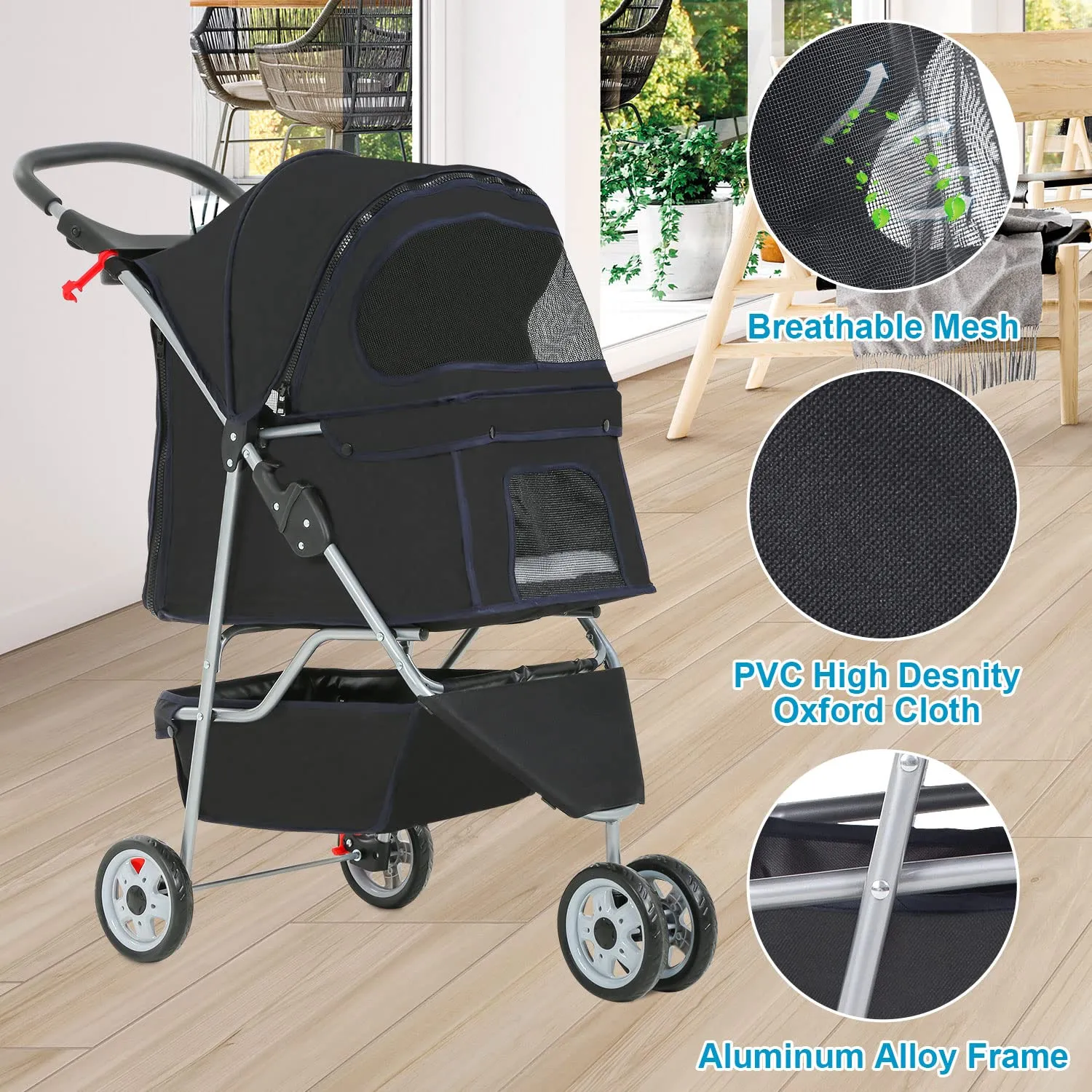 BestPet 3 Wheels Pet Stroller Dog Cat Cage Jogger Cats Travel Folding Carrier Waterproof Puppy with Cup Holder & Removable Liner,Black 10 pounds