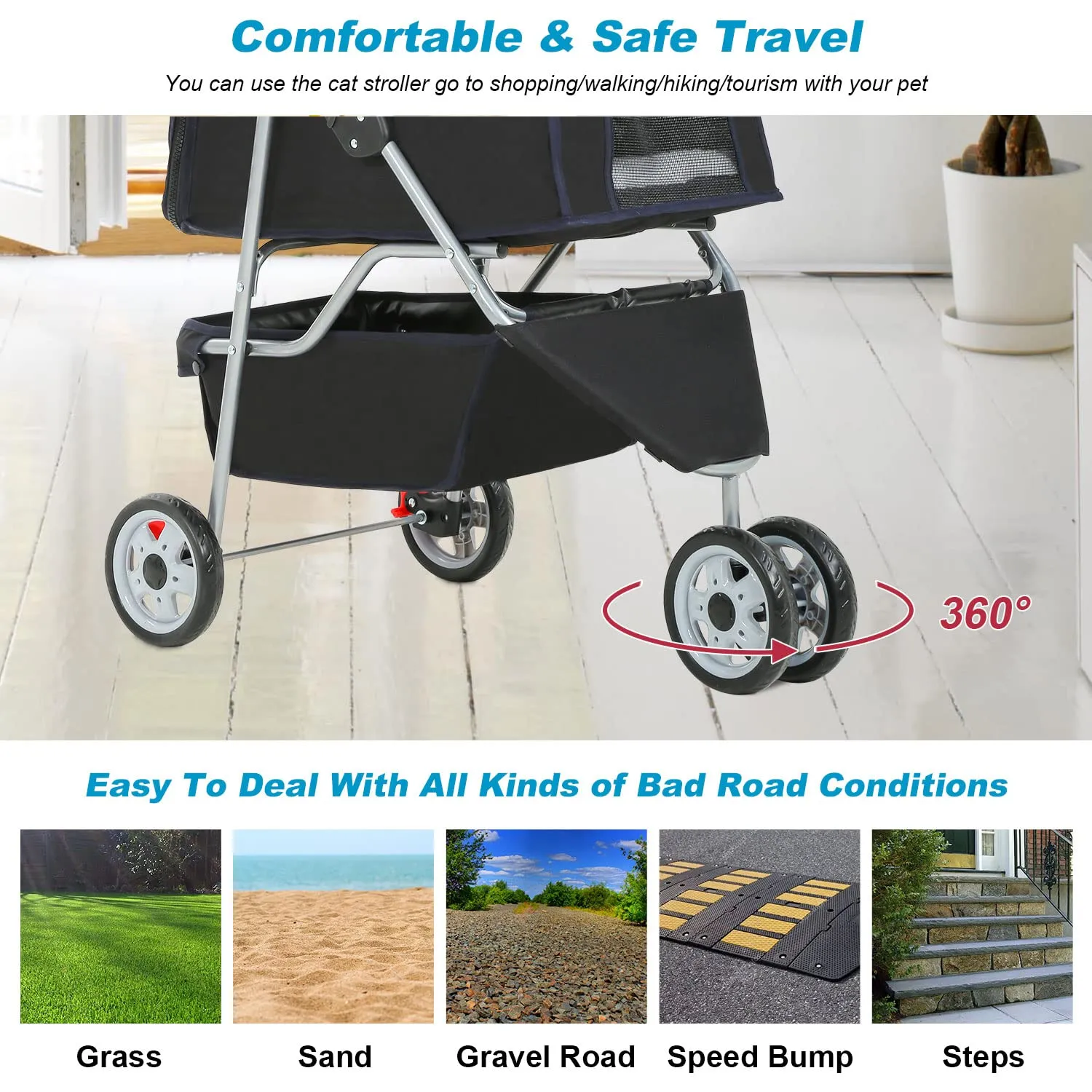 BestPet 3 Wheels Pet Stroller Dog Cat Cage Jogger Cats Travel Folding Carrier Waterproof Puppy with Cup Holder & Removable Liner,Black 10 pounds