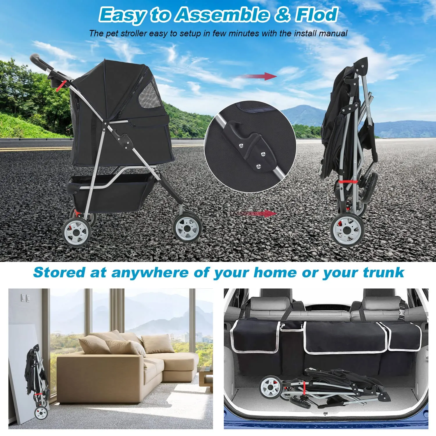 BestPet 3 Wheels Pet Stroller Dog Cat Cage Jogger Cats Travel Folding Carrier Waterproof Puppy with Cup Holder & Removable Liner,Black 10 pounds