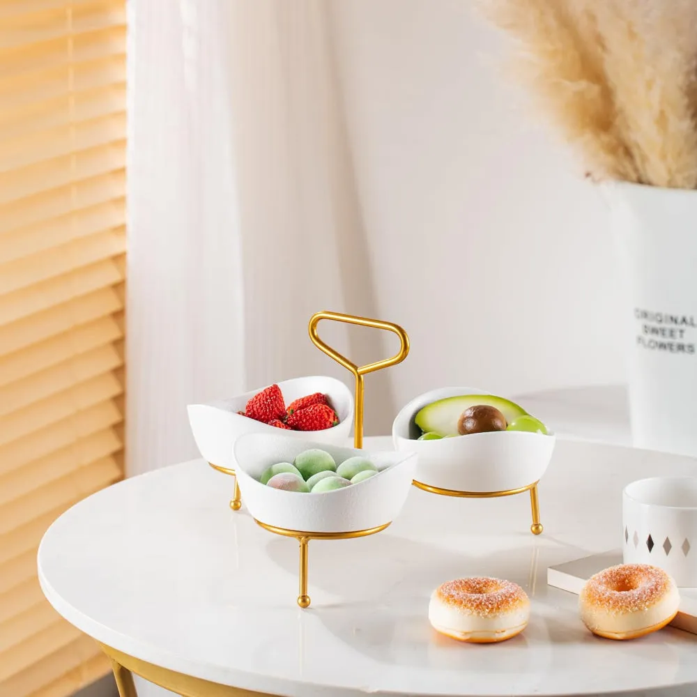Bone China Shallow Porcelain 3 x 13cm Bowls Serving Set with Gold Stand Rack