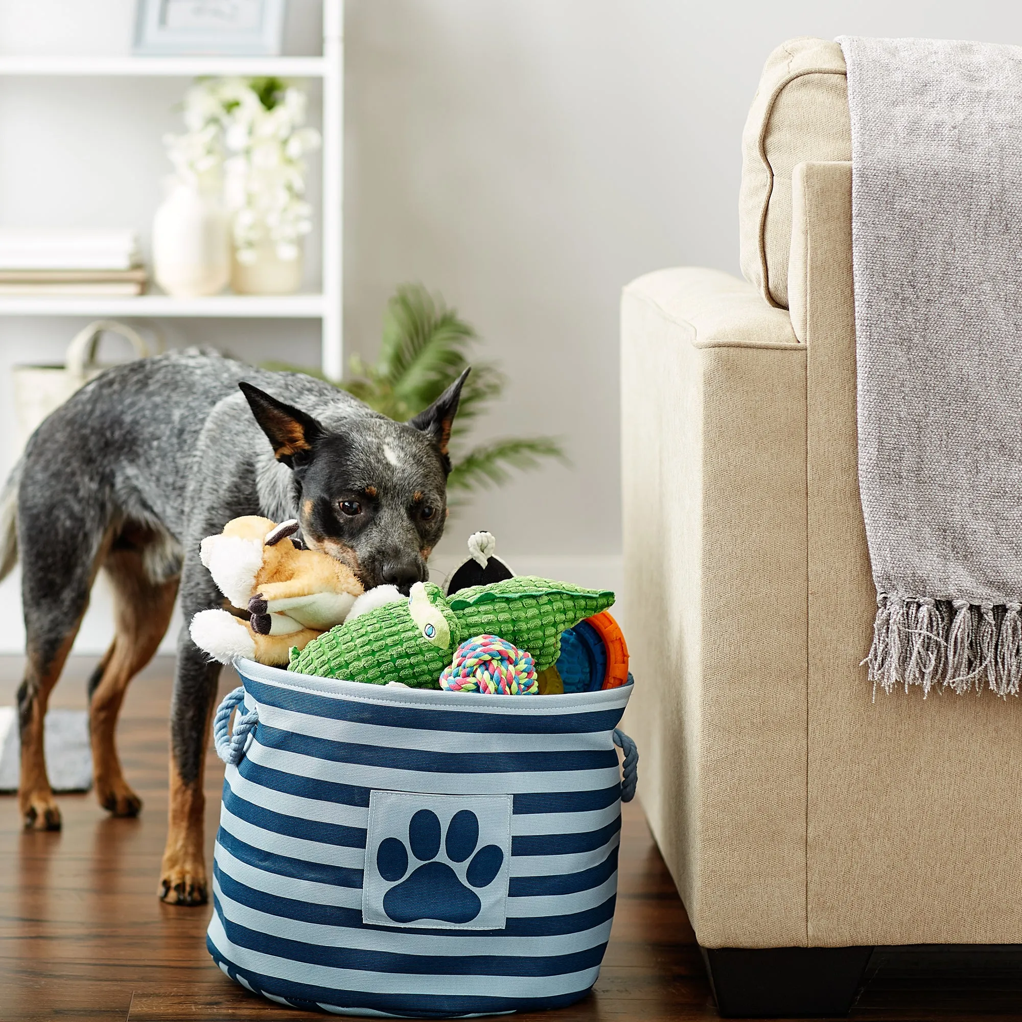Bone Dry Pet Storage Bin, Striped Paw Patch, Dark Navy, Medium Round, 15x12"