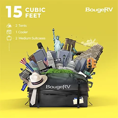 BougeRV Rooftop Cargo Carrier Bag with Anti-Slip Mat 15 Cubic Feet Waterproof Car Roof Bag Roof Top Cargo Luggage Storage Bag 1000D PVC, with 8 Reinforced Straps, Storage Bag for Cars with Racks