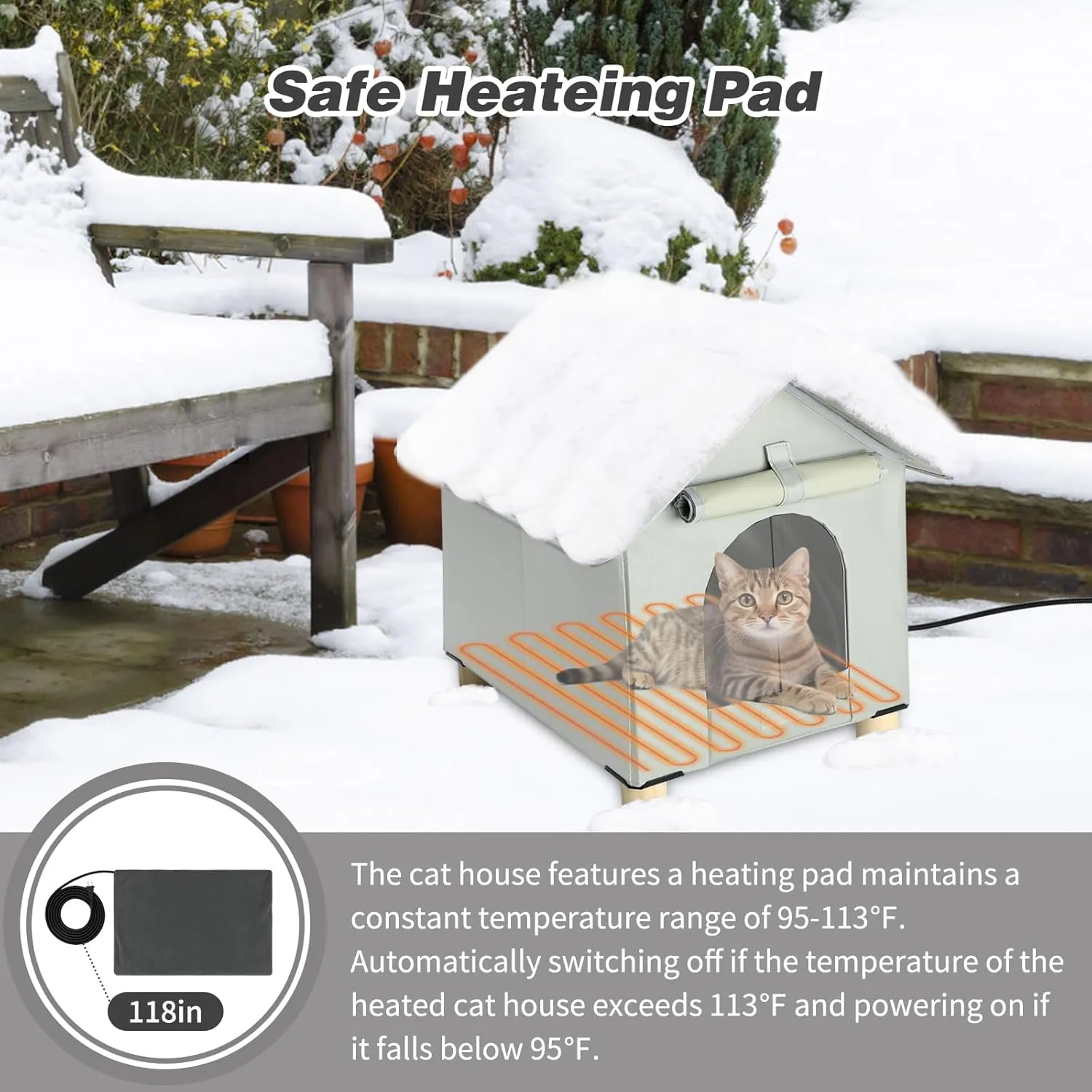 BWOGUE Large Elevated Heated Cat House for Outdoor Cats in Winter, Waterproof & Insulated Feral Cat Shelter for Outside Cats,Weatherproof Feral Cat House for Outside(Large Grey)