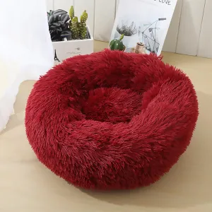 Cat Beds for Indoor Cats, Round Calming Donut Dog Bed for Indoor Cats & Small Dogs, Soft Fuzzy Calming Bed for Dogs & Cats, Comfy Cat Bed,Burgundy,15.7IN