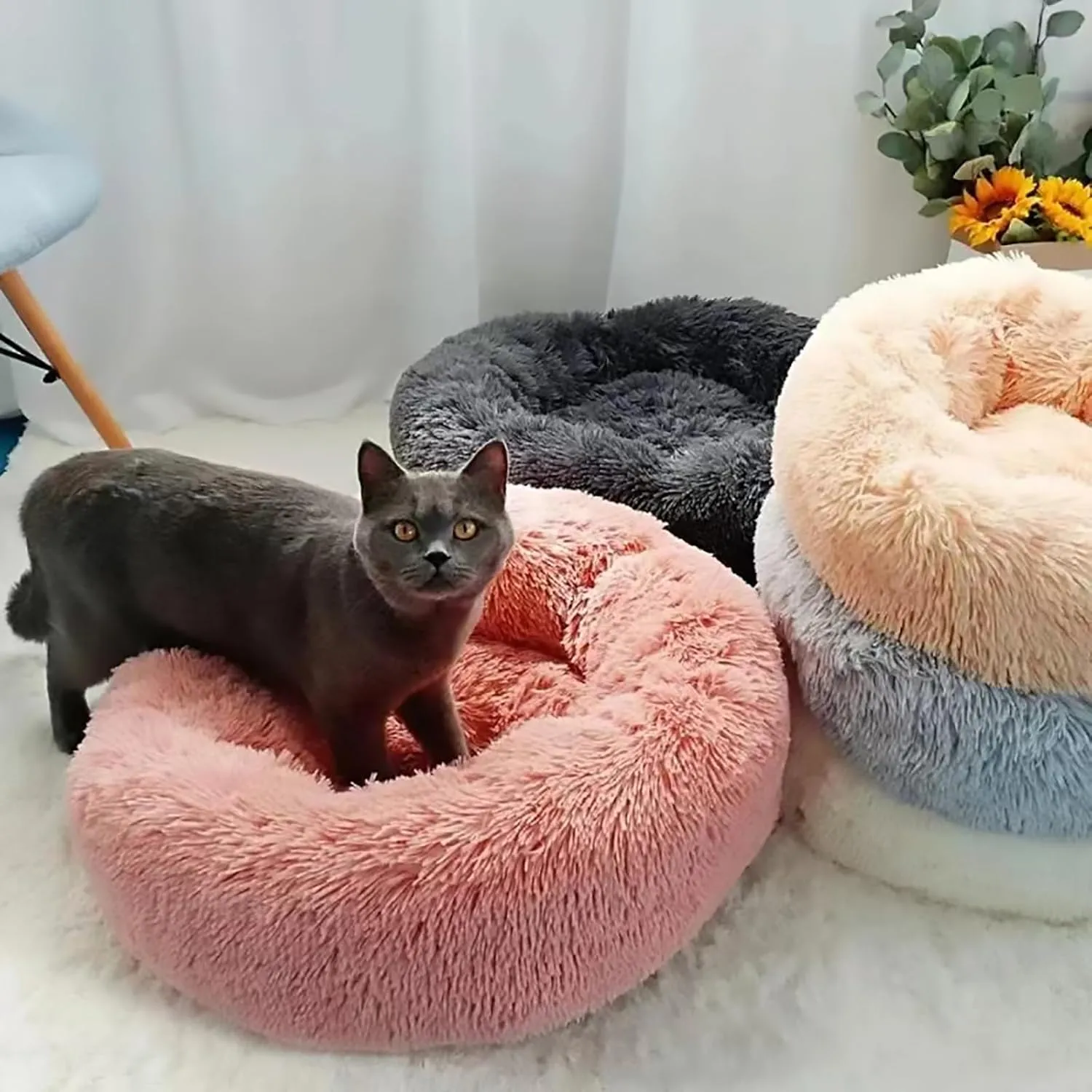 Cat Beds for Indoor Cats, Round Calming Donut Dog Bed for Indoor Cats & Small Dogs, Soft Fuzzy Calming Bed for Dogs & Cats, Comfy Cat Bed,Burgundy,15.7IN