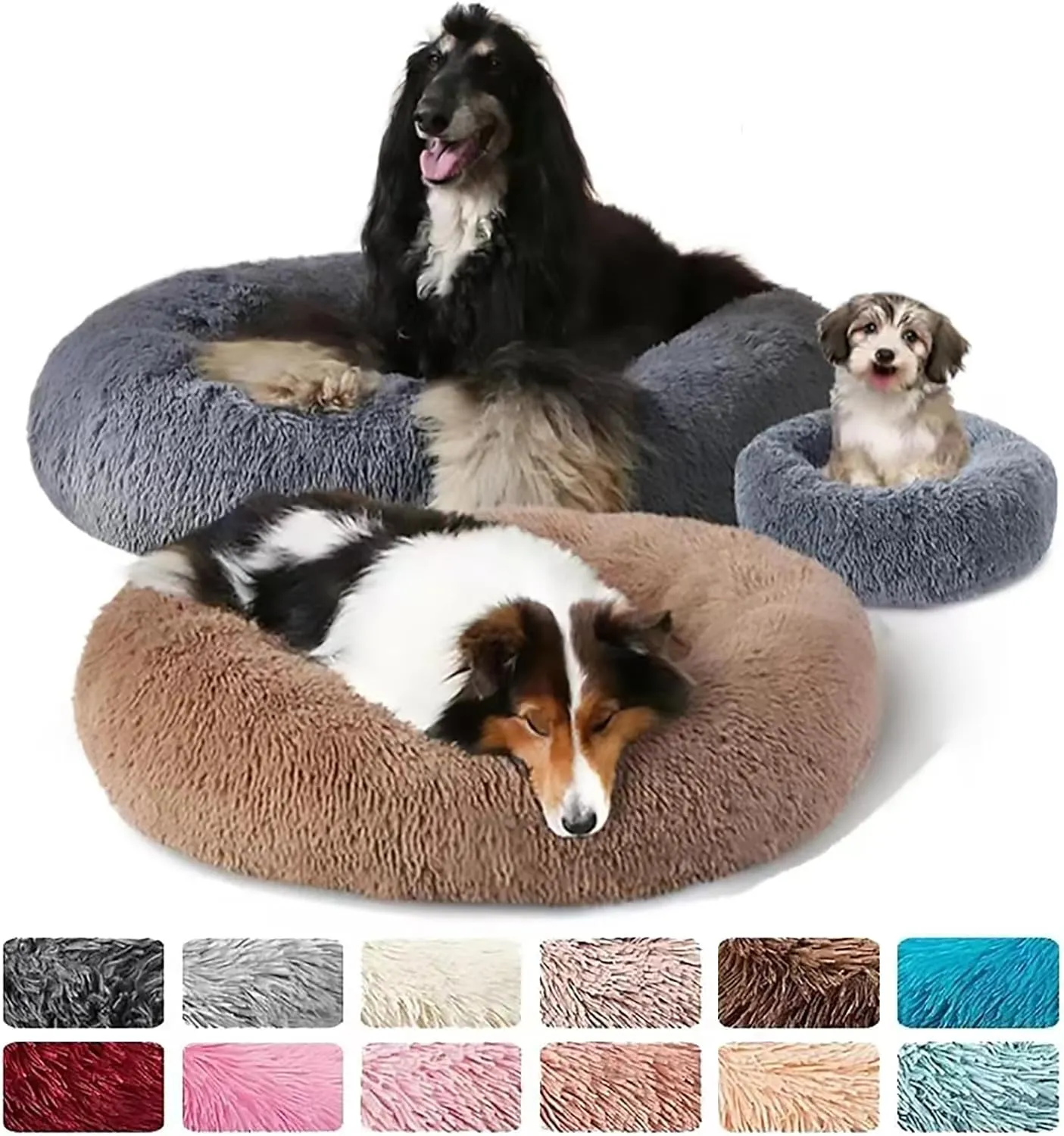 Cat Beds for Indoor Cats, Round Calming Donut Dog Bed for Indoor Cats & Small Dogs, Soft Fuzzy Calming Bed for Dogs & Cats, Comfy Cat Bed,Burgundy,15.7IN