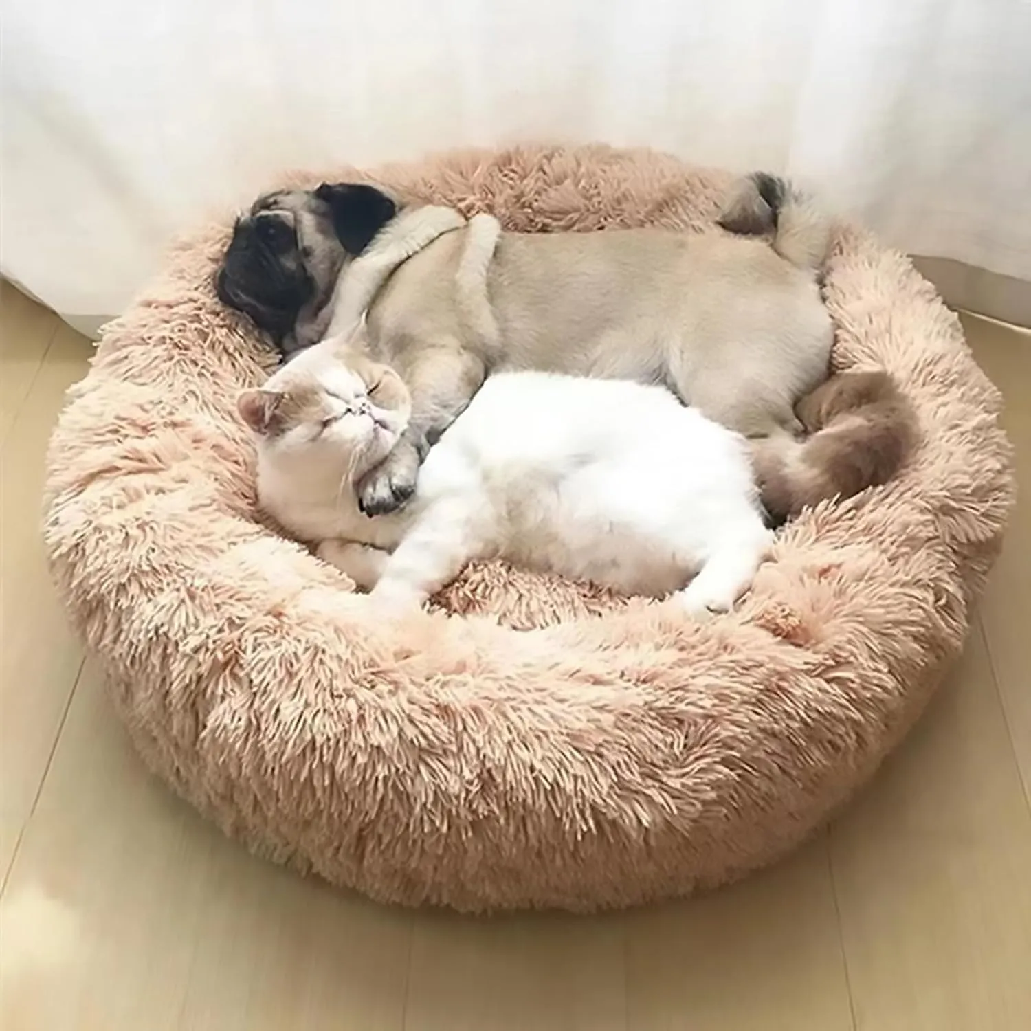 Cat Beds for Indoor Cats, Round Calming Donut Dog Bed for Indoor Cats & Small Dogs, Soft Fuzzy Calming Bed for Dogs & Cats, Comfy Cat Bed,Burgundy,15.7IN
