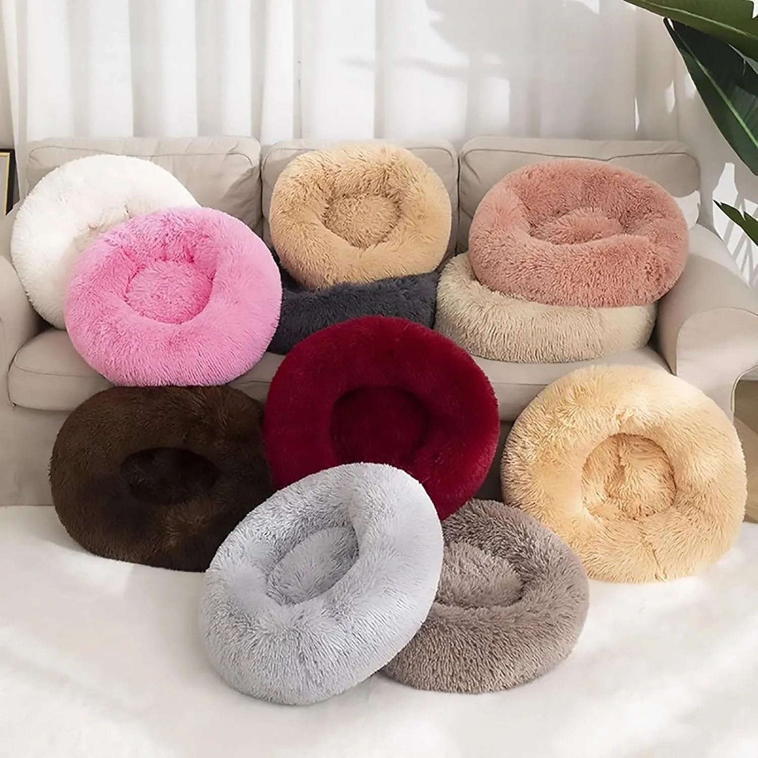 Cat Beds for Indoor Cats, Round Calming Donut Dog Bed for Indoor Cats & Small Dogs, Soft Fuzzy Calming Bed for Dogs & Cats, Comfy Cat Bed,Burgundy,15.7IN