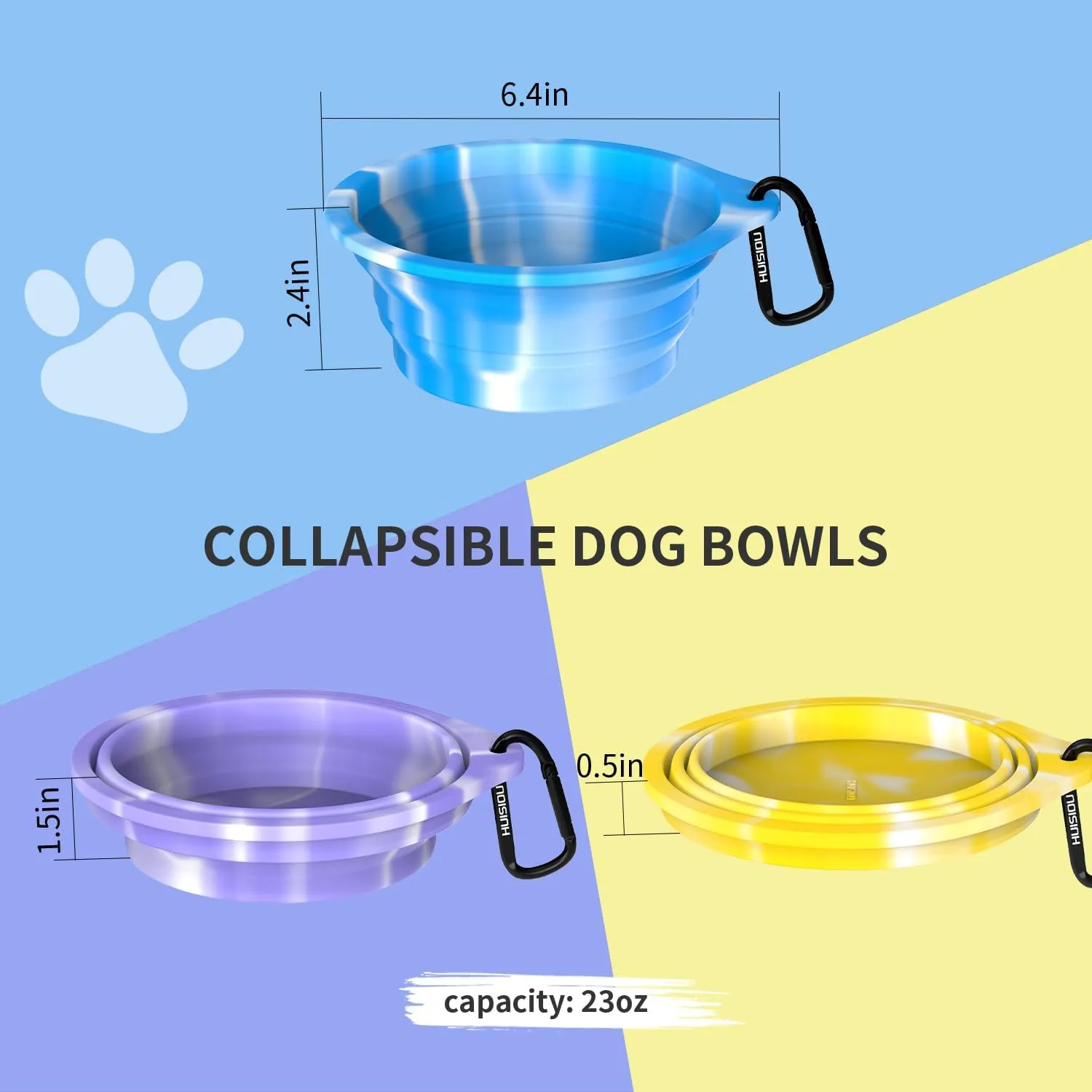 Collapsible Dog Bowls 3-Pack, Portable Travel Dog Bowl with Carabiner, Food-Grade Silicone Pet Bowl for Hiking, Walkin