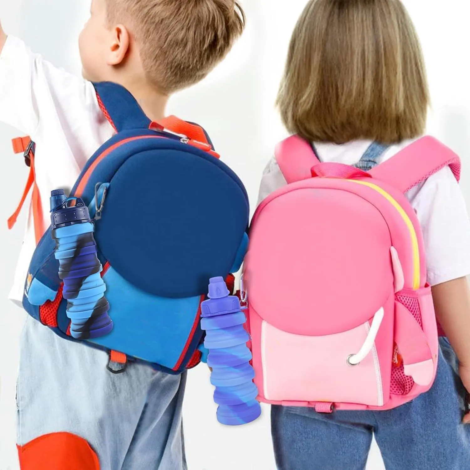 Collapsible Water Bottle for Adults, Boys, Students, Kids, Reusable Silicone Foldable Water Bottles for Travel Camping Hiking Sports,Leak-Proof Portable Sports Water Bottle (Blue & Pink)
