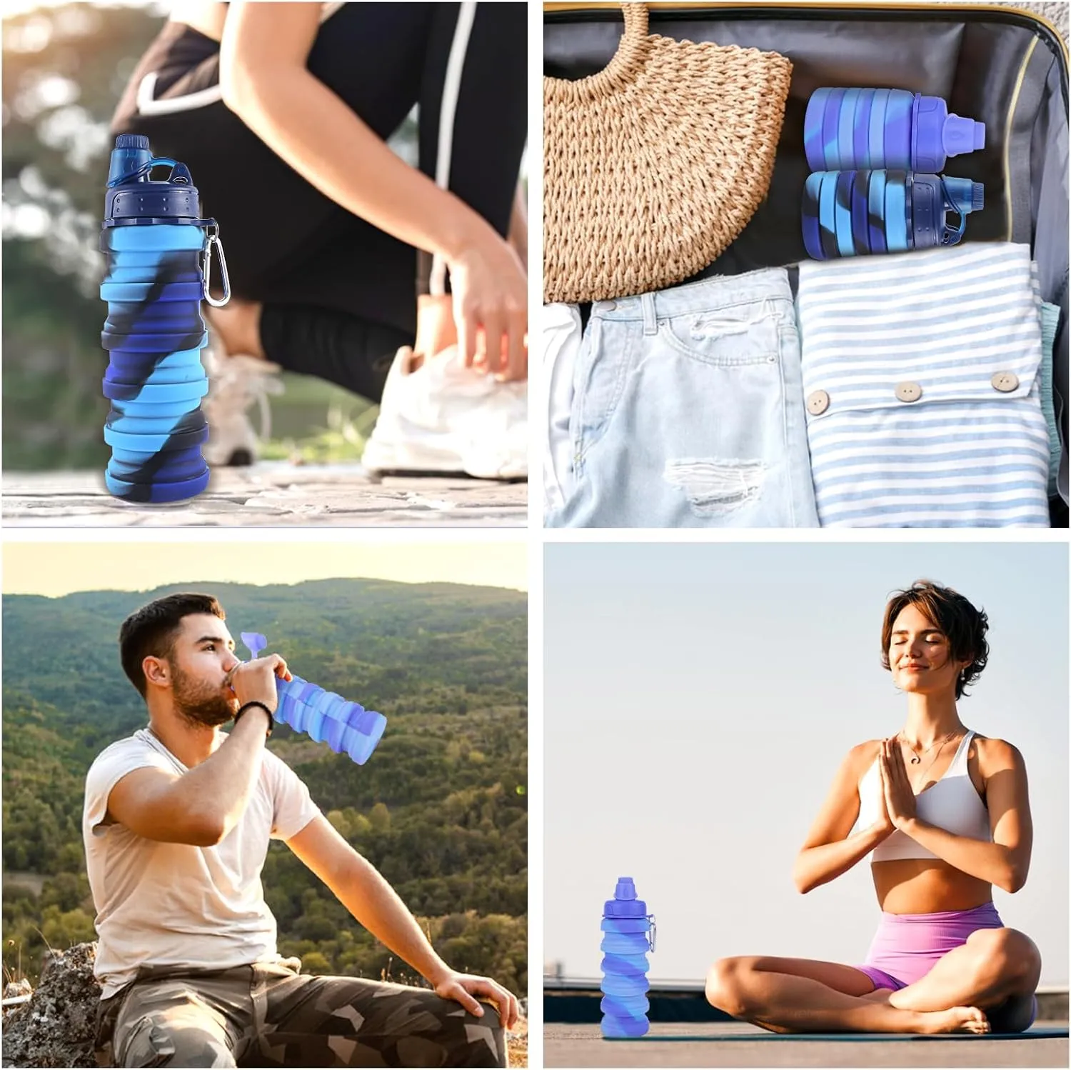 Collapsible Water Bottle for Adults, Boys, Students, Kids, Reusable Silicone Foldable Water Bottles for Travel Camping Hiking Sports,Leak-Proof Portable Sports Water Bottle (Blue & Pink)