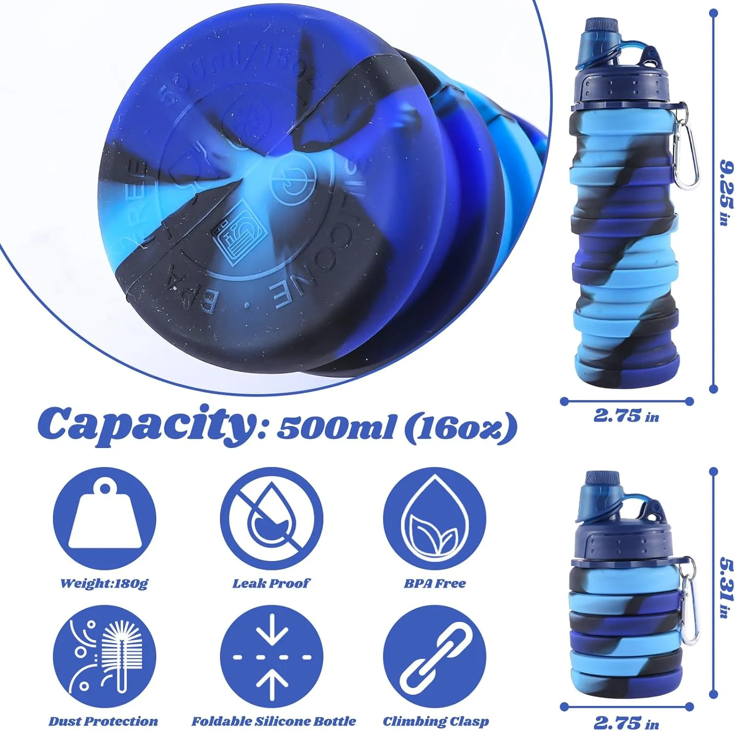 Collapsible Water Bottle for Adults, Boys, Students, Kids, Reusable Silicone Foldable Water Bottles for Travel Camping Hiking Sports,Leak-Proof Portable Sports Water Bottle (Blue & Pink)