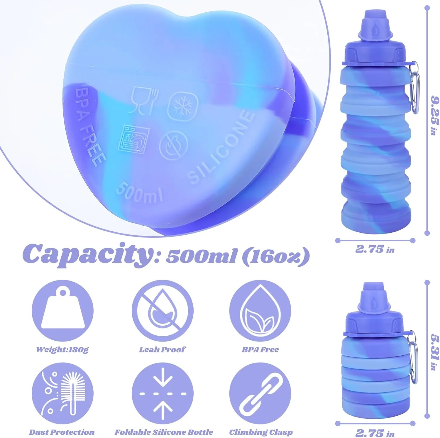Collapsible Water Bottle for Adults, Boys, Students, Kids, Reusable Silicone Foldable Water Bottles for Travel Camping Hiking Sports,Leak-Proof Portable Sports Water Bottle (Blue & Pink)