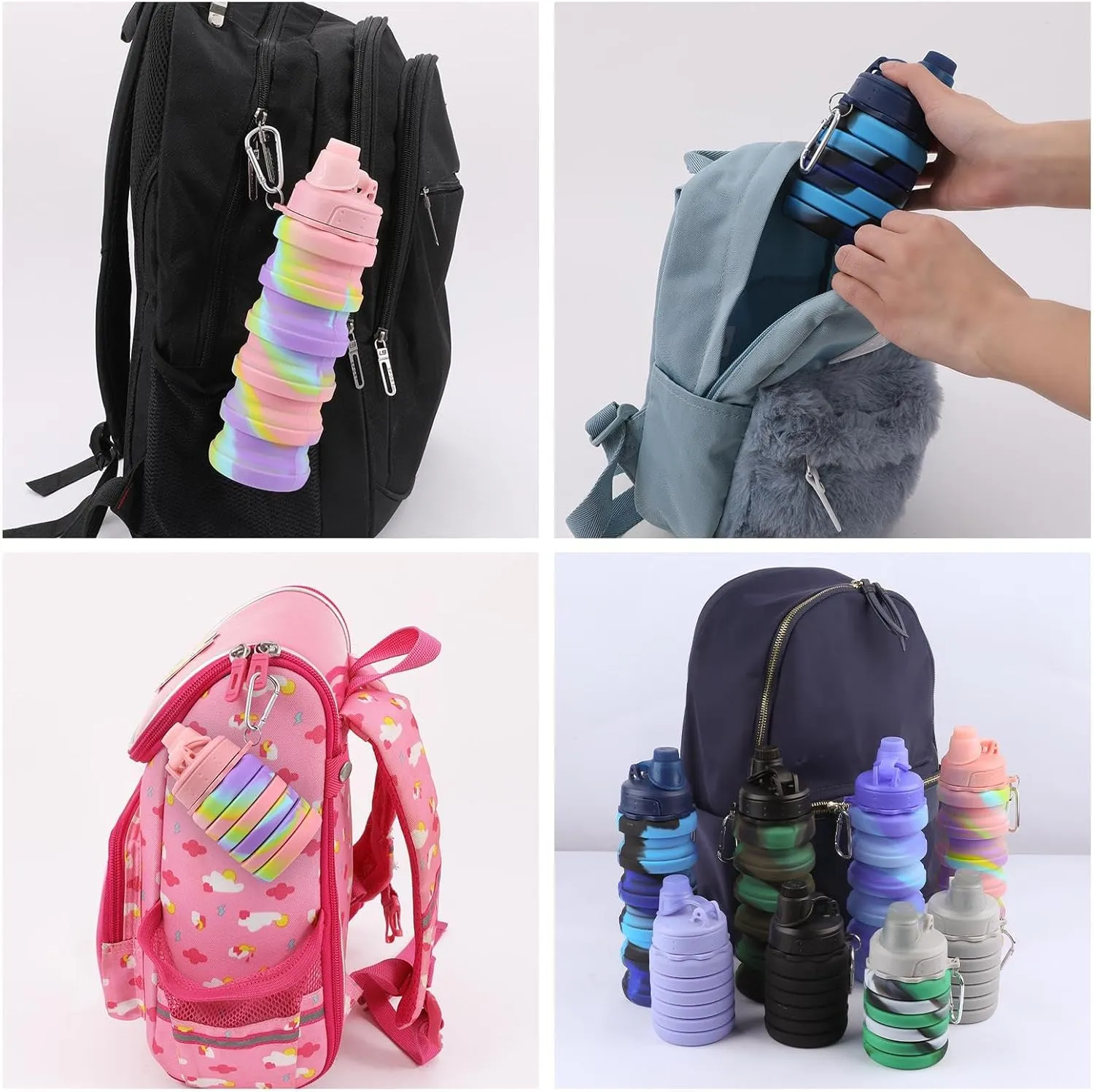 Collapsible Water Bottle for Adults, Boys, Students, Kids, Reusable Silicone Foldable Water Bottles for Travel Camping Hiking Sports,Leak-Proof Portable Sports Water Bottle (Blue & Pink)