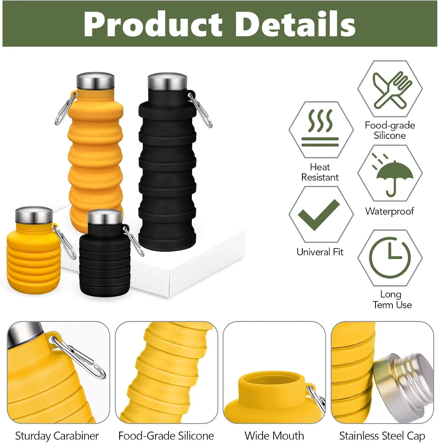 Collapsible Water Bottle,2 Pcs BPA Free Reuseable Silicone Foldable Leakproof 16oz Water Bottles,Portable Lightweight Water Bottles with Carabiner for Travel Gym Camping,Hiking Outdoor Indoor Sports