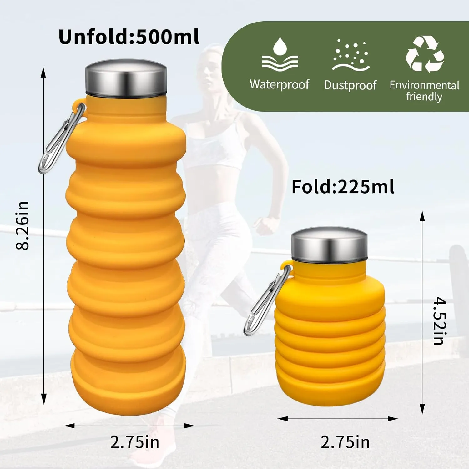 Collapsible Water Bottle,2 Pcs BPA Free Reuseable Silicone Foldable Leakproof 16oz Water Bottles,Portable Lightweight Water Bottles with Carabiner for Travel Gym Camping,Hiking Outdoor Indoor Sports