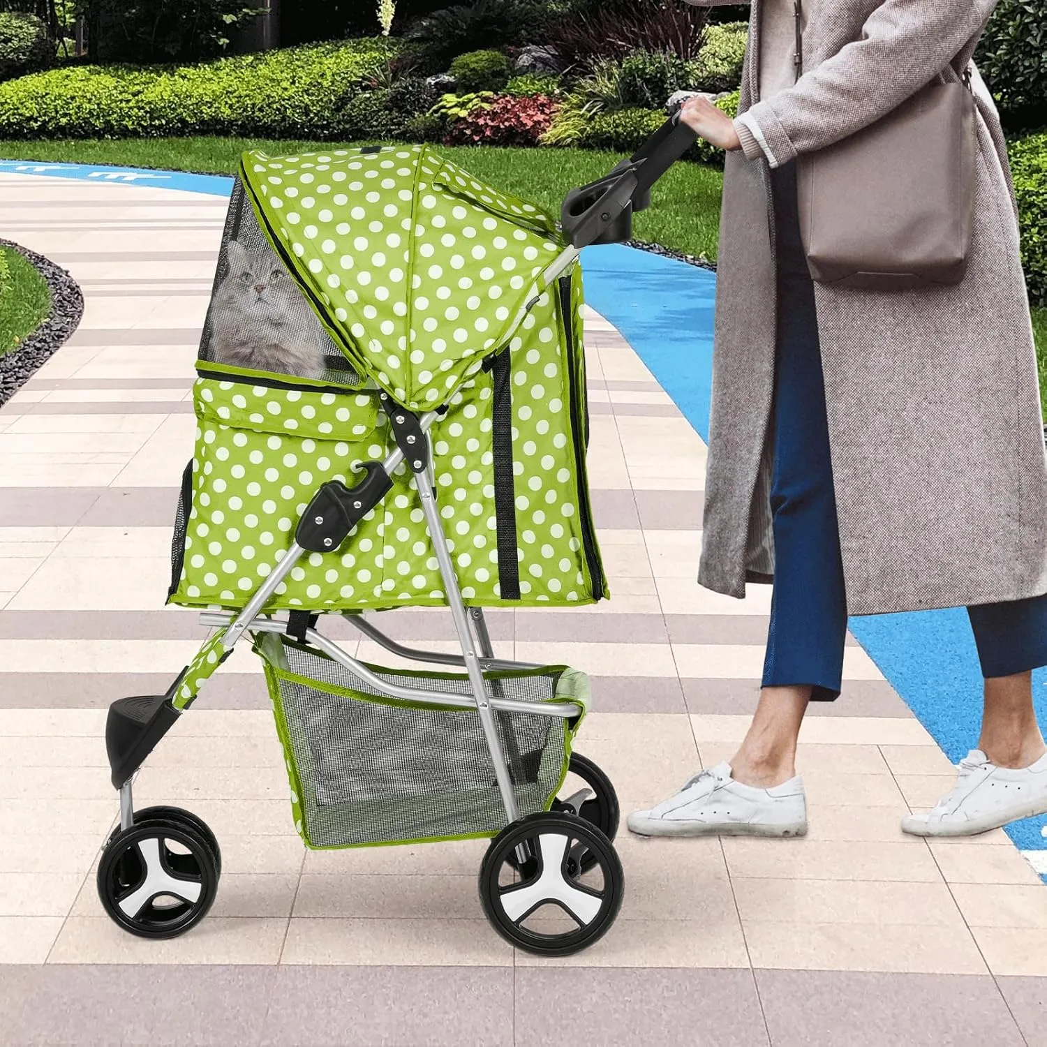 Dog Stroller for Small Dogs 10 Lbs 20 Lbs, Pet Stroller for Medium Dogs 30 Lbs, Cat Strollers for 1 Cats, 3 Wheels Foldable Jogger Puppy Stroller with Storage Basket and Cup Holder, Green Polka Dots