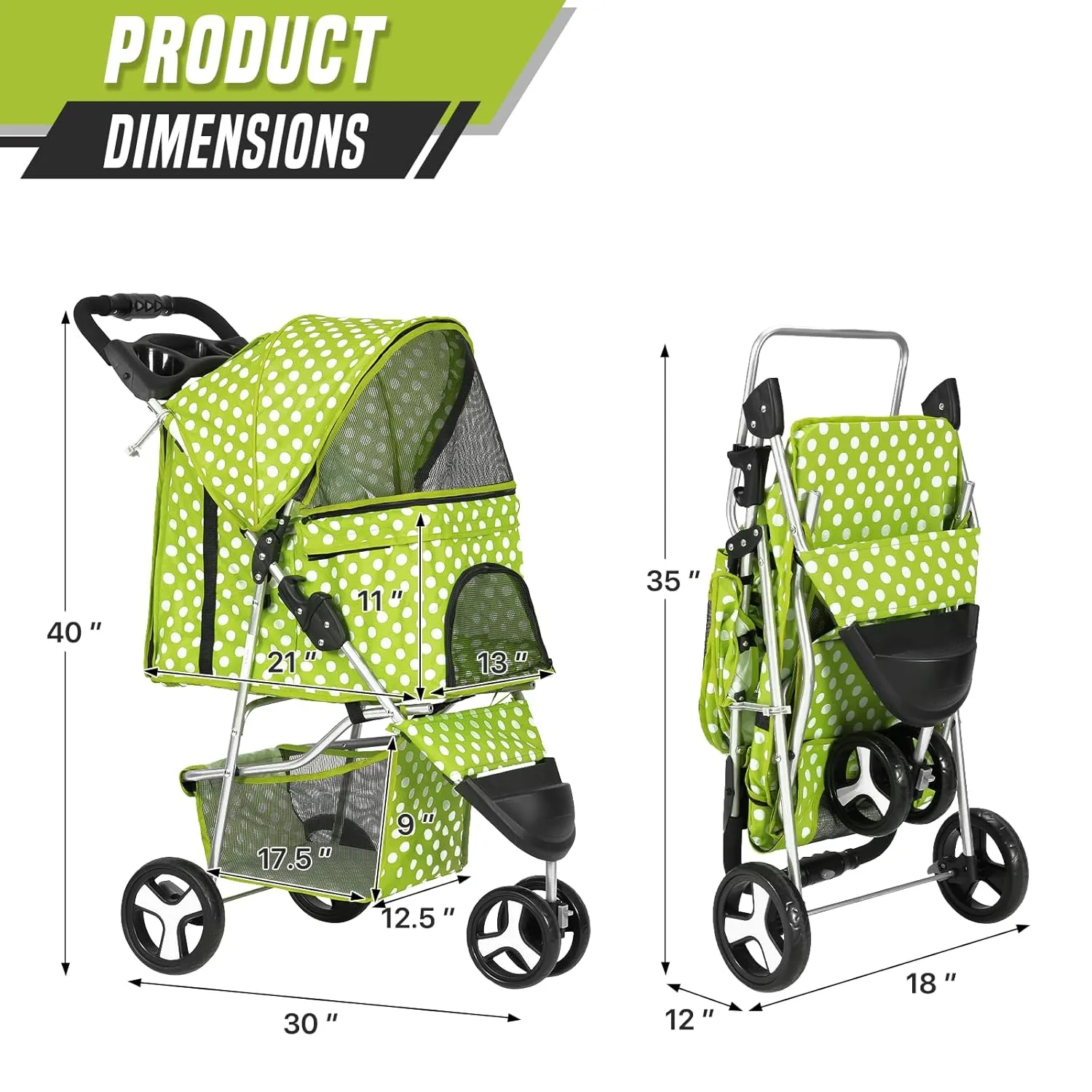 Dog Stroller for Small Dogs 10 Lbs 20 Lbs, Pet Stroller for Medium Dogs 30 Lbs, Cat Strollers for 1 Cats, 3 Wheels Foldable Jogger Puppy Stroller with Storage Basket and Cup Holder, Green Polka Dots