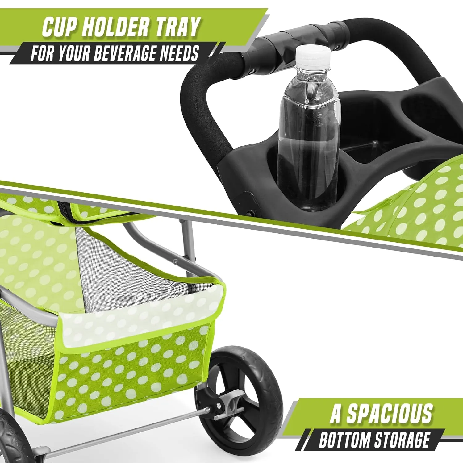 Dog Stroller for Small Dogs 10 Lbs 20 Lbs, Pet Stroller for Medium Dogs 30 Lbs, Cat Strollers for 1 Cats, 3 Wheels Foldable Jogger Puppy Stroller with Storage Basket and Cup Holder, Green Polka Dots