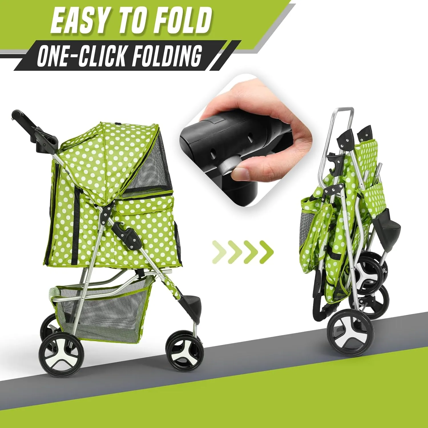Dog Stroller for Small Dogs 10 Lbs 20 Lbs, Pet Stroller for Medium Dogs 30 Lbs, Cat Strollers for 1 Cats, 3 Wheels Foldable Jogger Puppy Stroller with Storage Basket and Cup Holder, Green Polka Dots