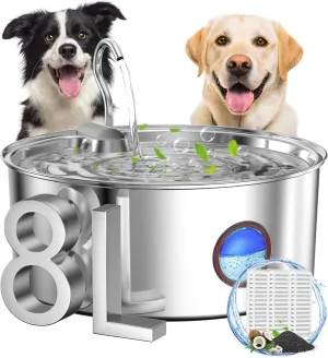 Dog Water Fountain for Large Dogs- 270oz/8L Stainless Steel Dog Water Bowl Dispenser Automatic Pet Water Fountain with Ultra-Quiet Pump/Quadruple Filtration for Dogs, Cats, Multiple Pets