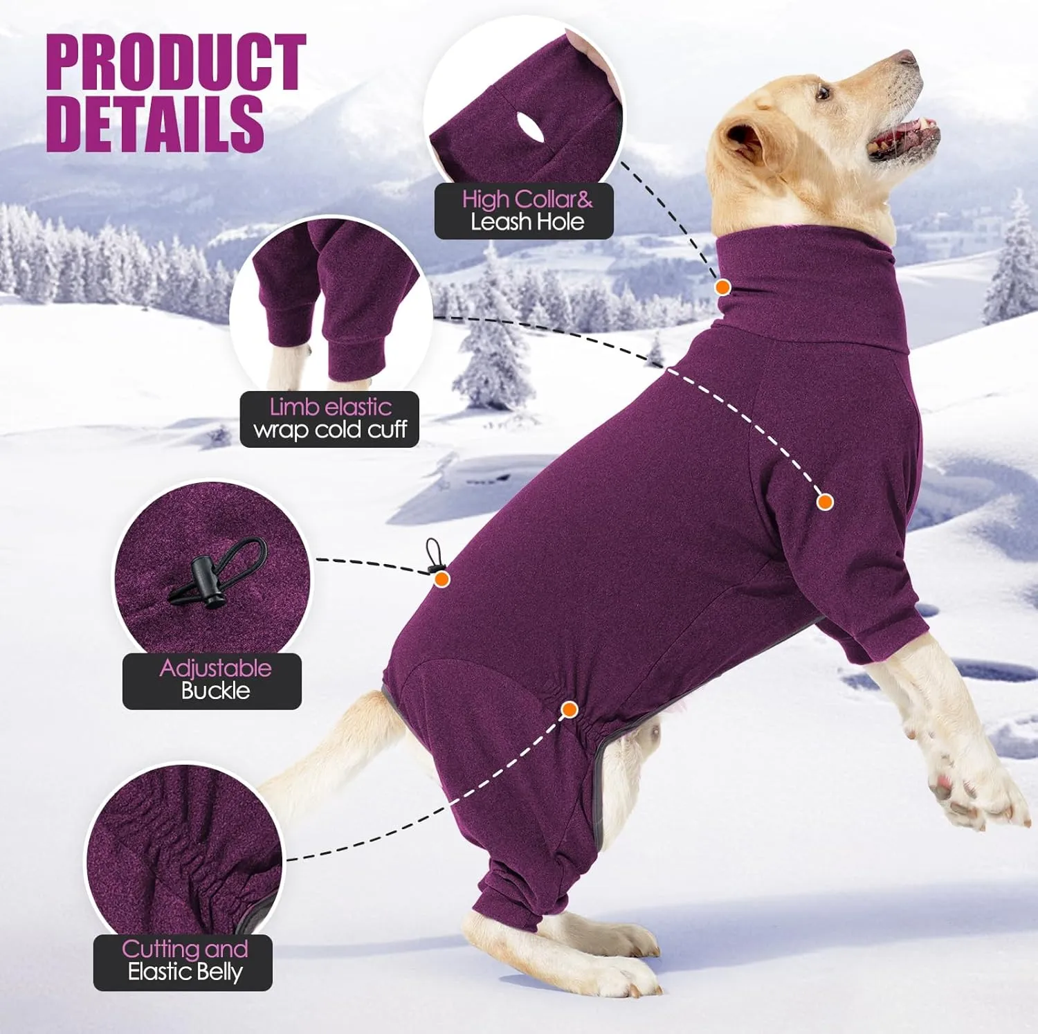 Dog Winter Coat Soft Fleece Pullover Pajamas, Fullbody Dog Cold Weather Jacket, Winter Warm Pullover Doggie Winter Thermal 4-Legged Onesie Jumpsuit,High Collar Snowsuit Sweater for Dogs