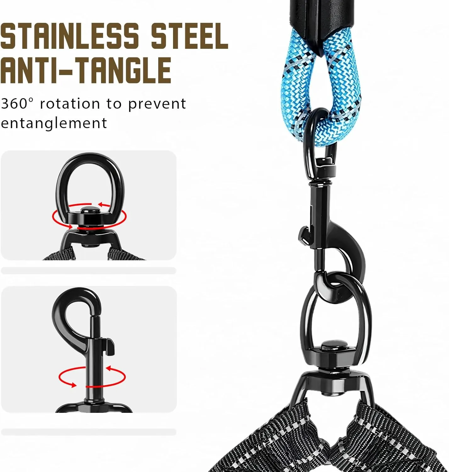 Double Dog Leash for 2 DogsTangle-Free 360 Swivel & Shock-Absorbing Bungee for Medium and Large DogsDouble Dog Leash with Padded Handles(25-150 lbs, Blue)