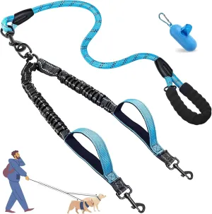 Double Dog Leash for 2 DogsTangle-Free 360 Swivel & Shock-Absorbing Bungee for Medium and Large DogsDouble Dog Leash with Padded Handles(25-150 lbs, Blue)