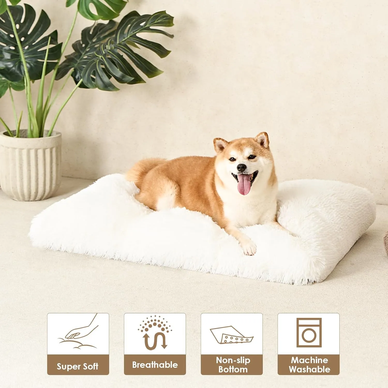 EHEYCIGA Fluffy Dog Crate Bed for Large Dogs, Plush Faux Fur Crate Pad, Calming Anti Anxiety Large Dog Bed, Washable Soft Warm Mat with Non-Slip Bottom, Beige